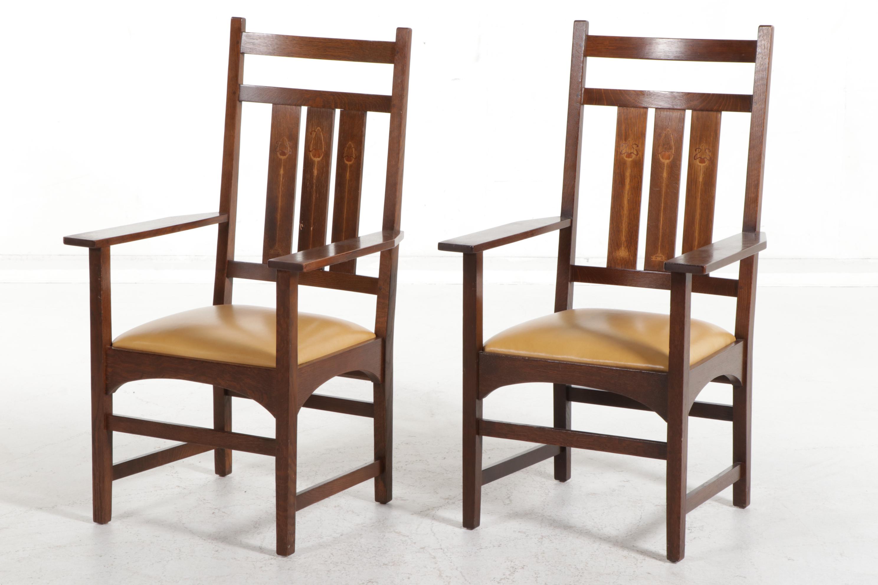 Pair of Stickley Harvey Ellis Oak Armchairs with Inlay, Late 20th Century