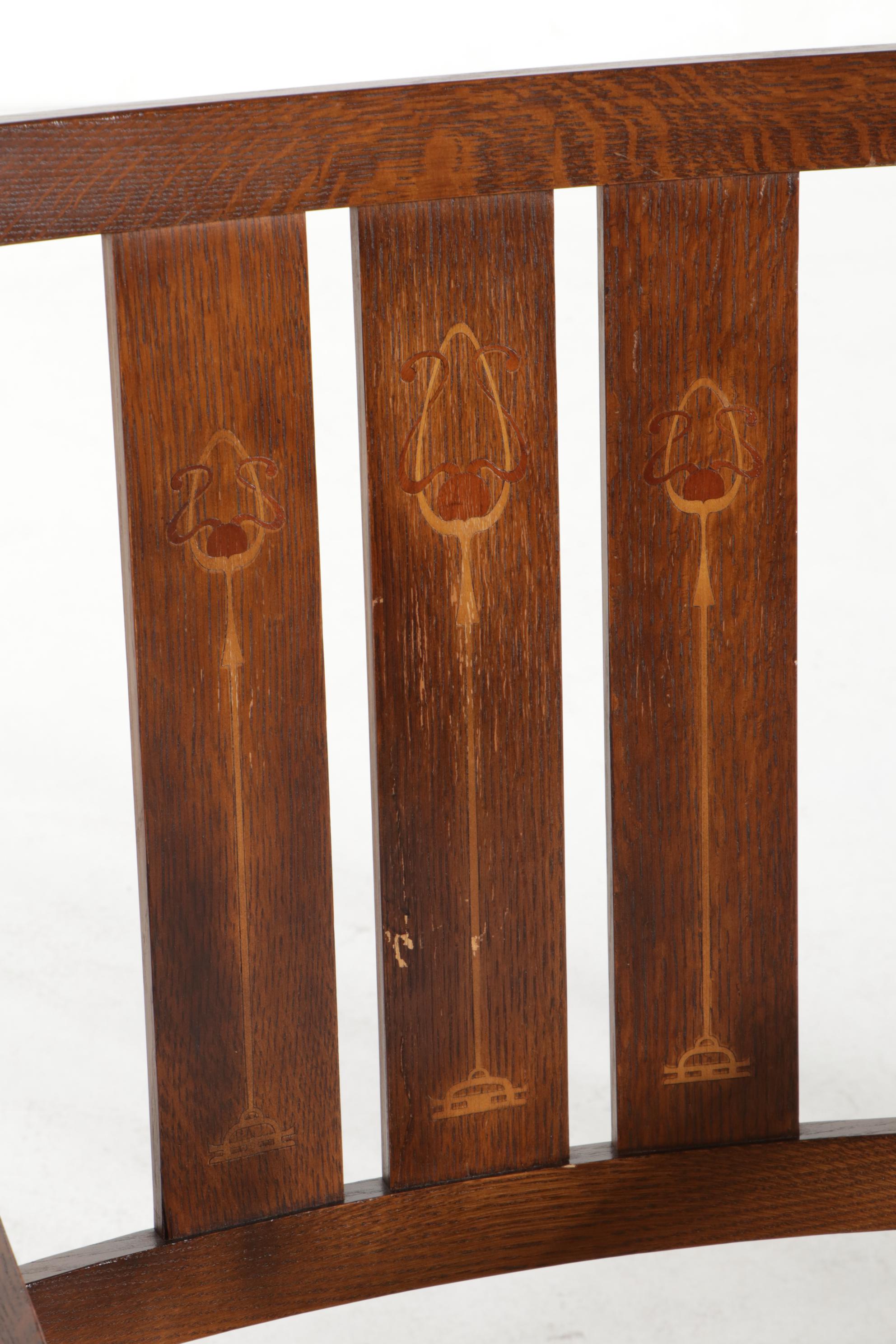 Pair of Stickley Harvey Ellis Oak Armchairs with Inlay, Late 20th Century