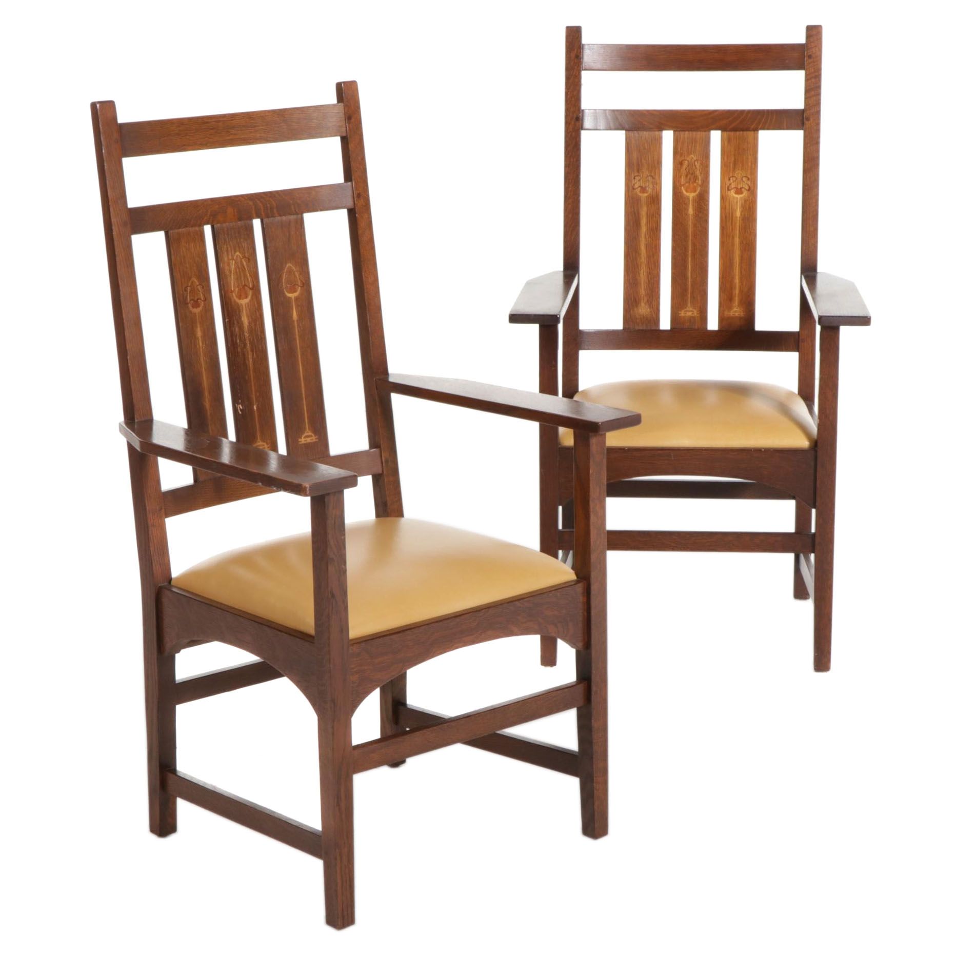 Pair of Stickley Harvey Ellis Oak Armchairs with Inlay, Late 20th Century