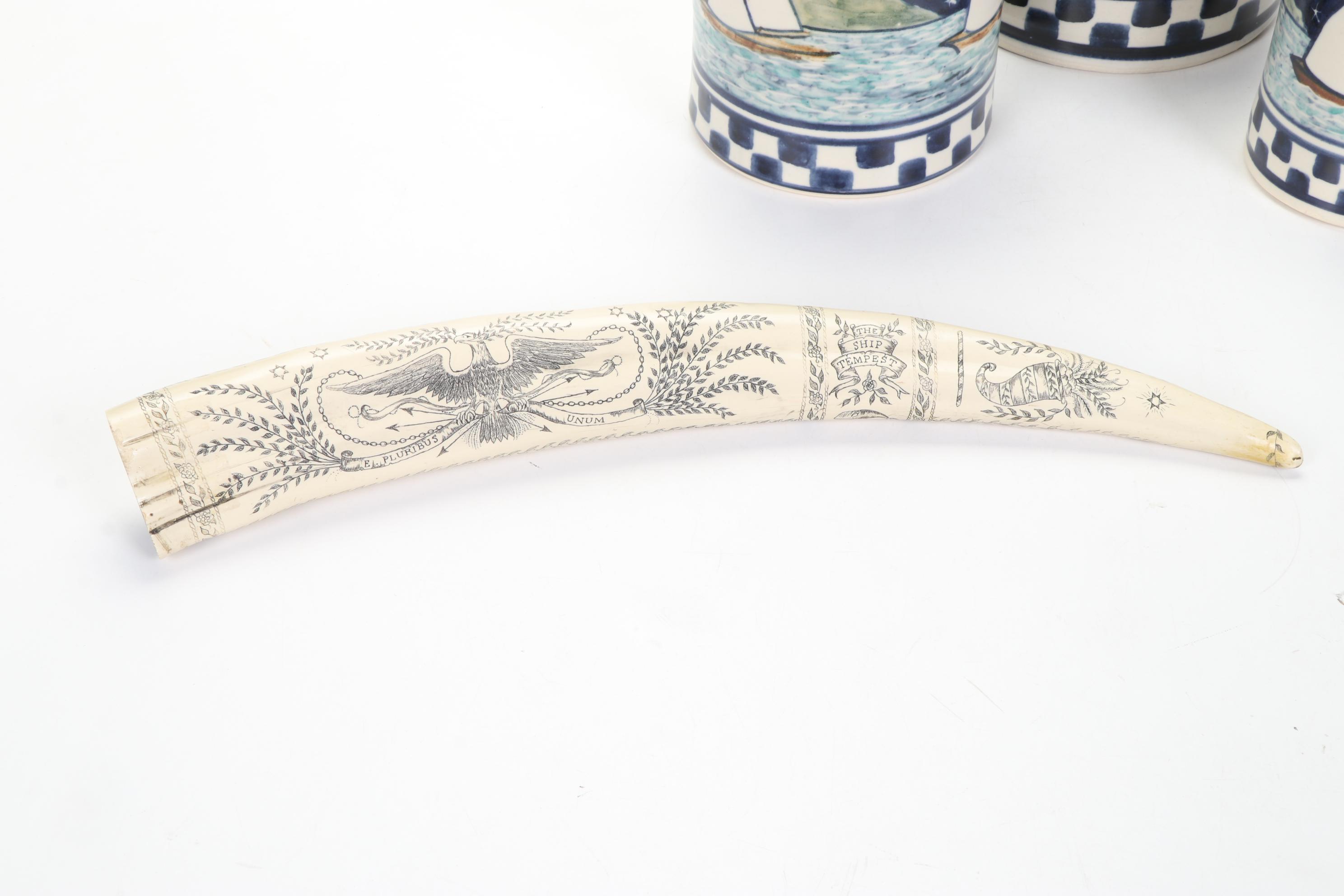 Nautical Sailboat Kitchen Canisters and Scrimshawed Resin "Tusk"