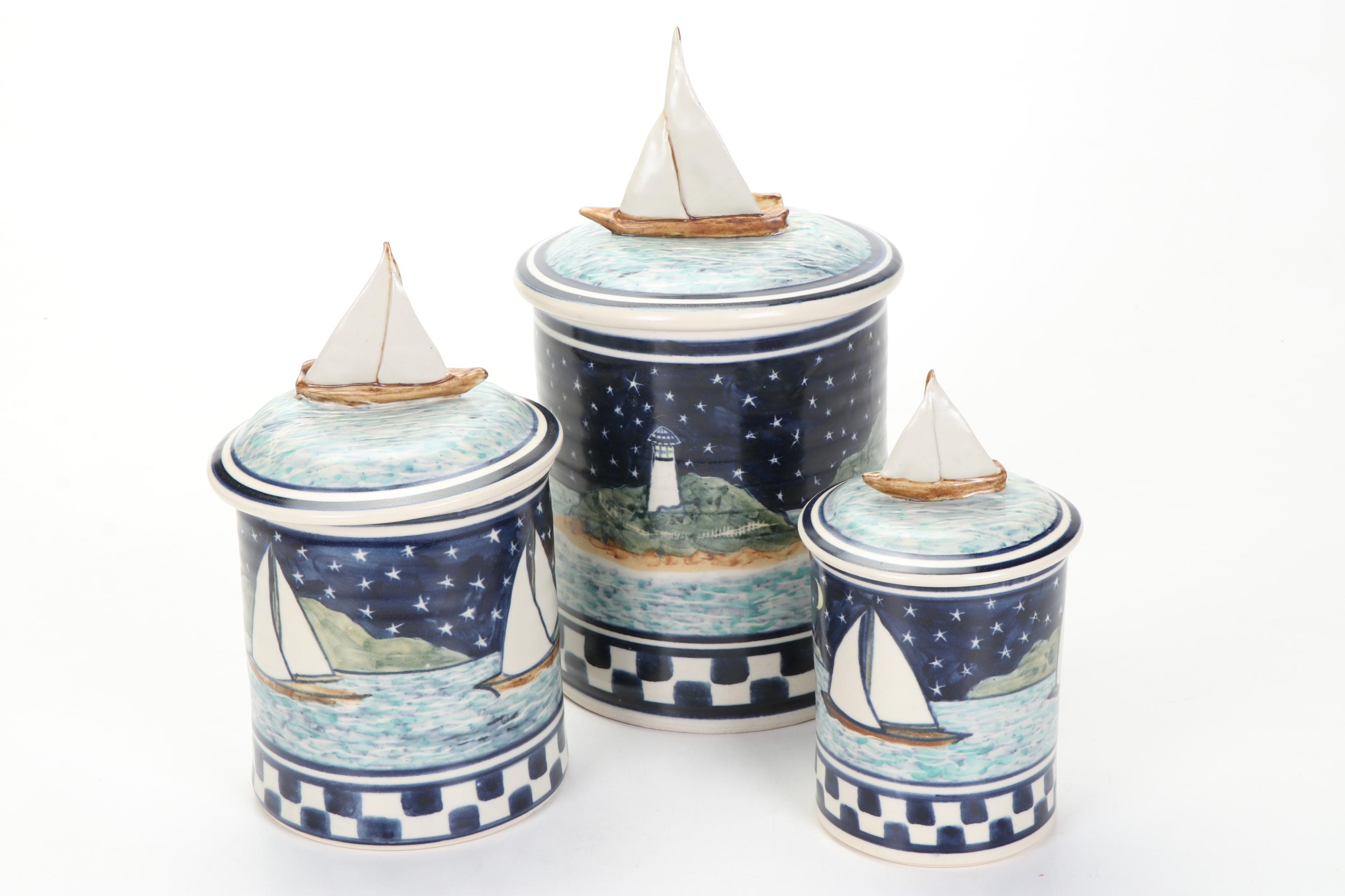 Nautical Sailboat Kitchen Canisters and Scrimshawed Resin "Tusk"