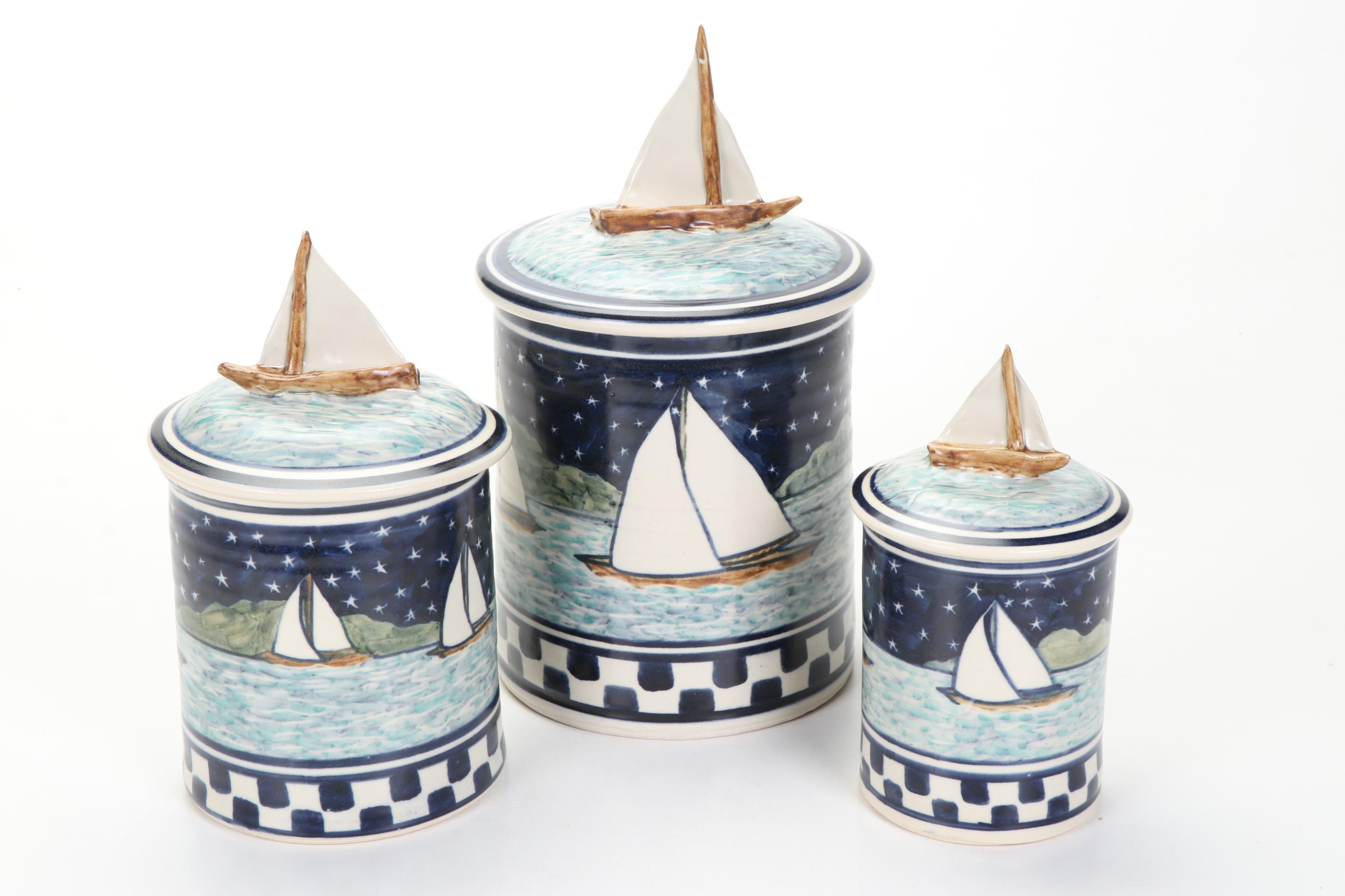 Nautical Sailboat Kitchen Canisters and Scrimshawed Resin "Tusk"