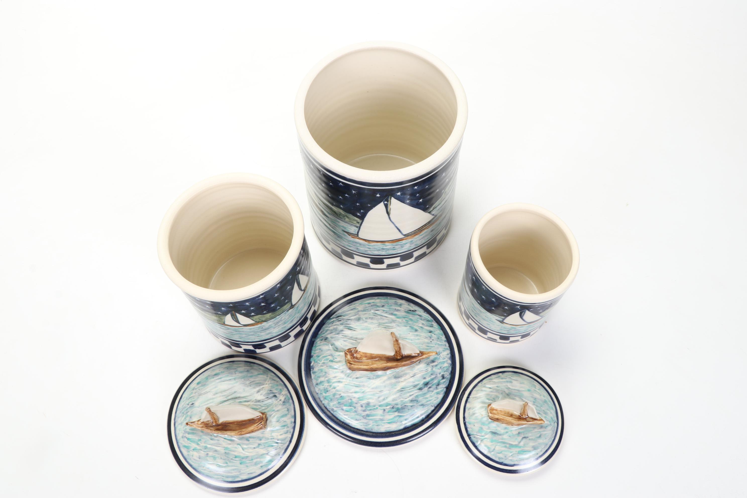 Nautical Sailboat Kitchen Canisters and Scrimshawed Resin "Tusk"