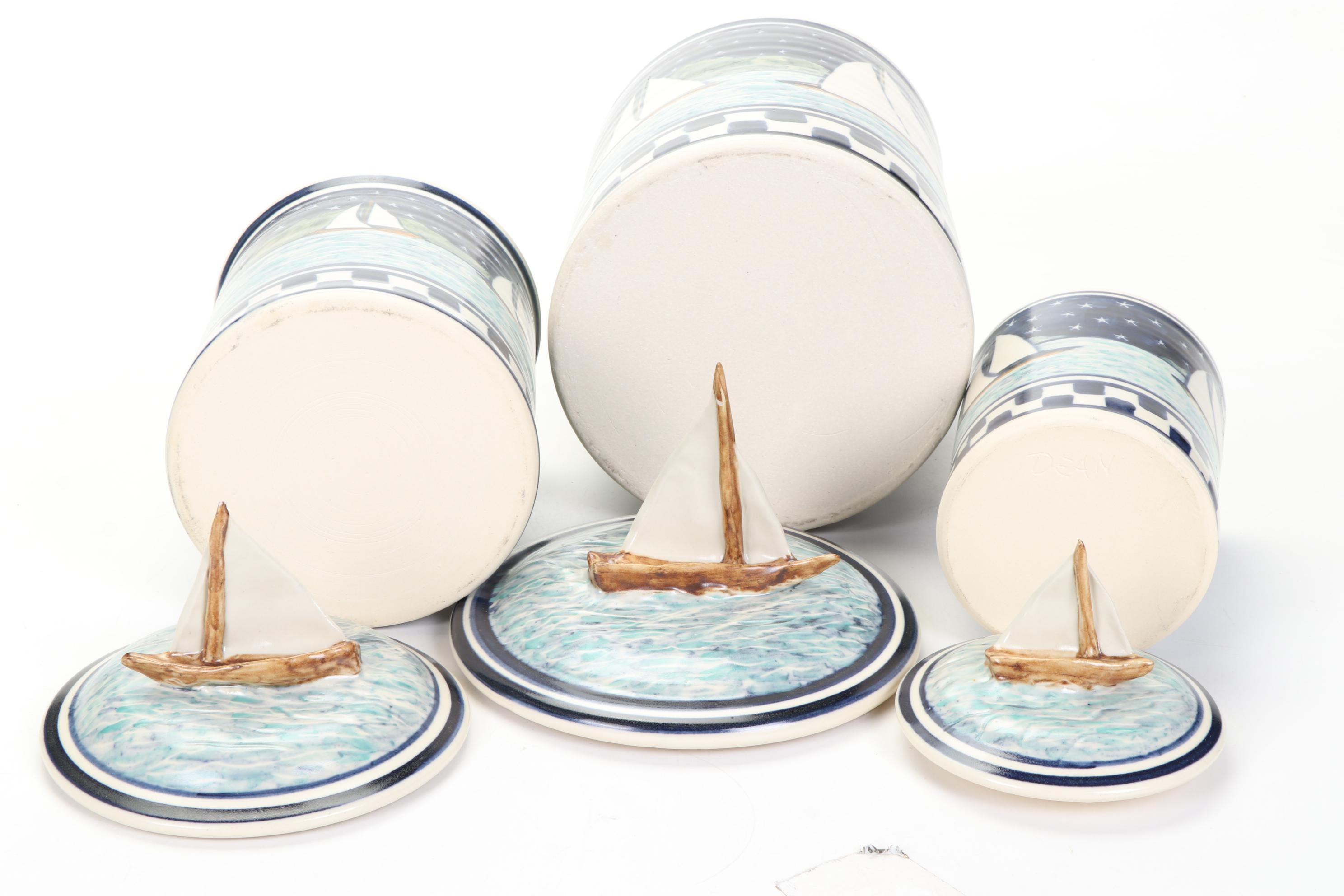 Nautical Sailboat Kitchen Canisters and Scrimshawed Resin "Tusk"