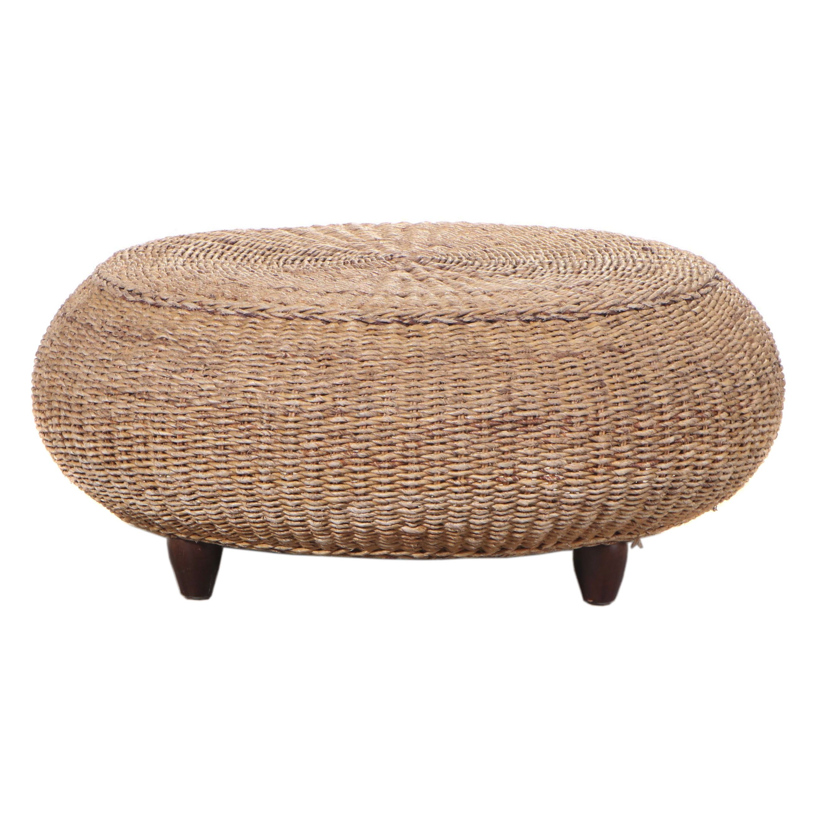 Woven Banana Leaf Ottoman on Rattan Frame EBTH