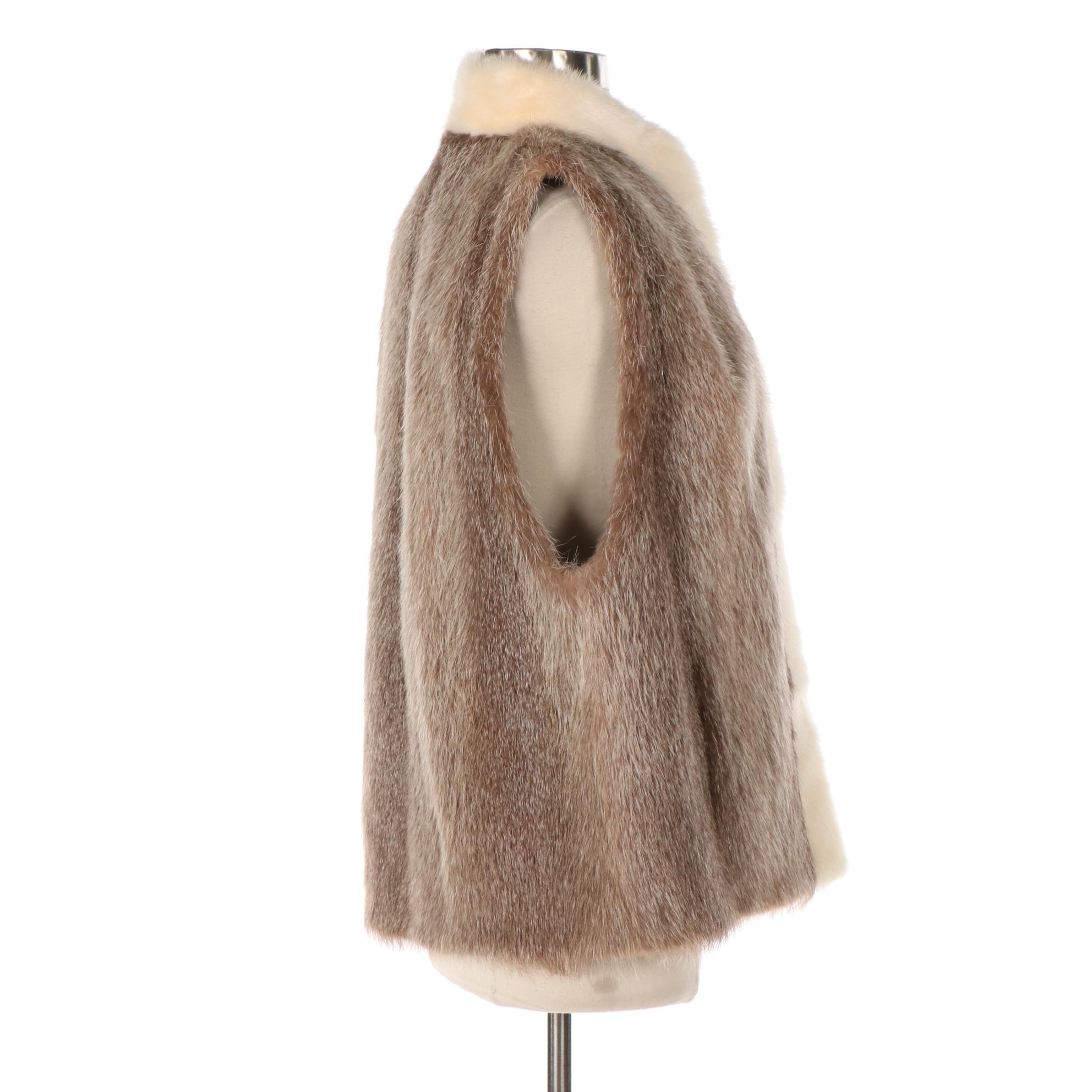 Light Brown Clipped Beaver Fur Vest with Mink Fur Tuxedo Collar by Koslow's