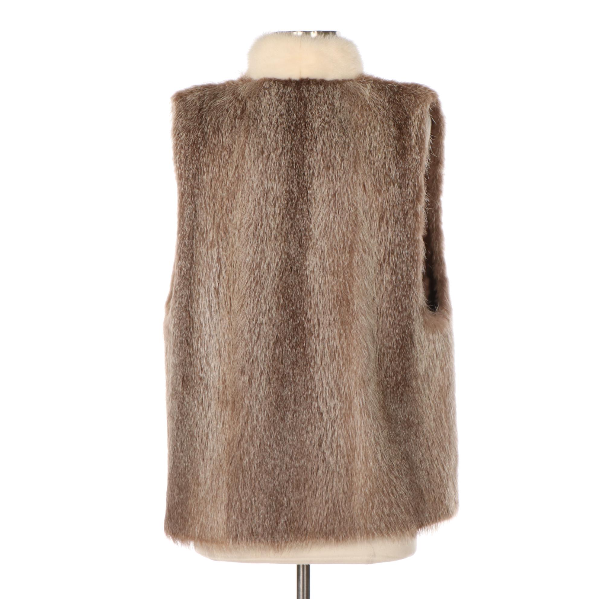 Light Brown Clipped Beaver Fur Vest with Mink Fur Tuxedo Collar by Koslow's