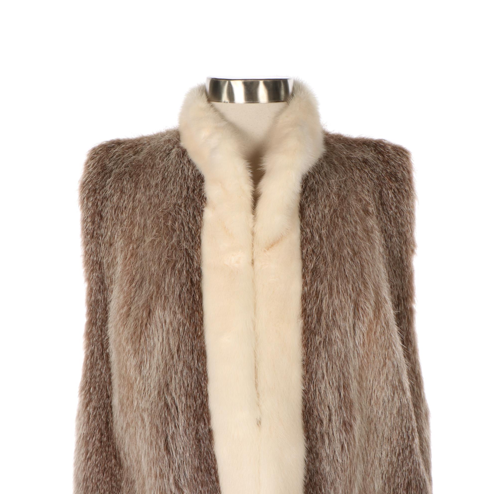 Light Brown Clipped Beaver Fur Vest with Mink Fur Tuxedo Collar by Koslow's