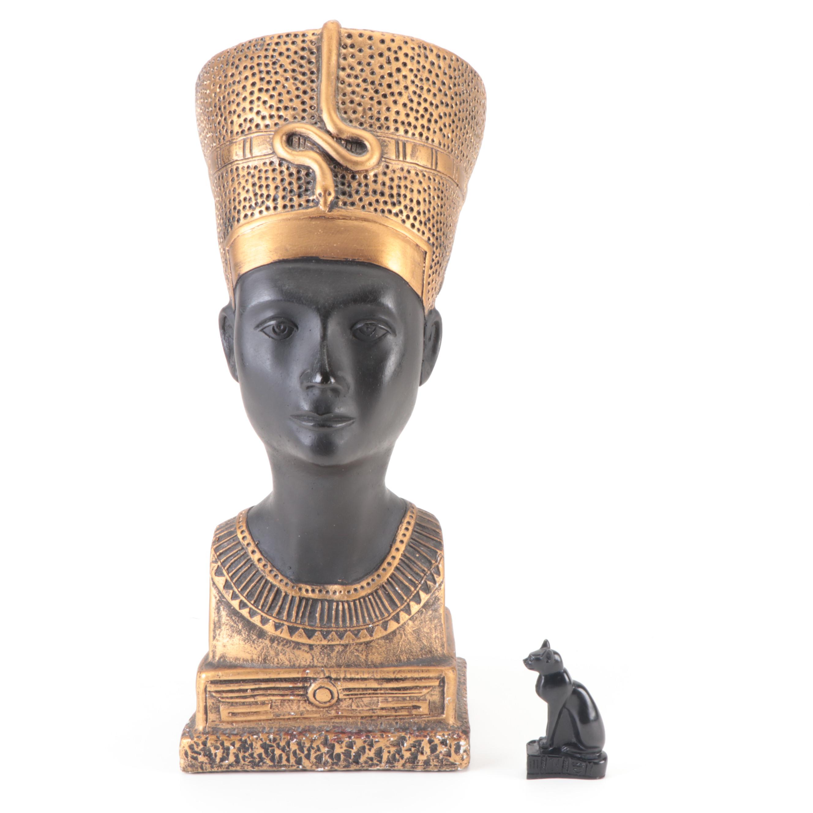 Mexican Cast Plaster Nefertiti Bust with Egyptian Black Bastet Figurine