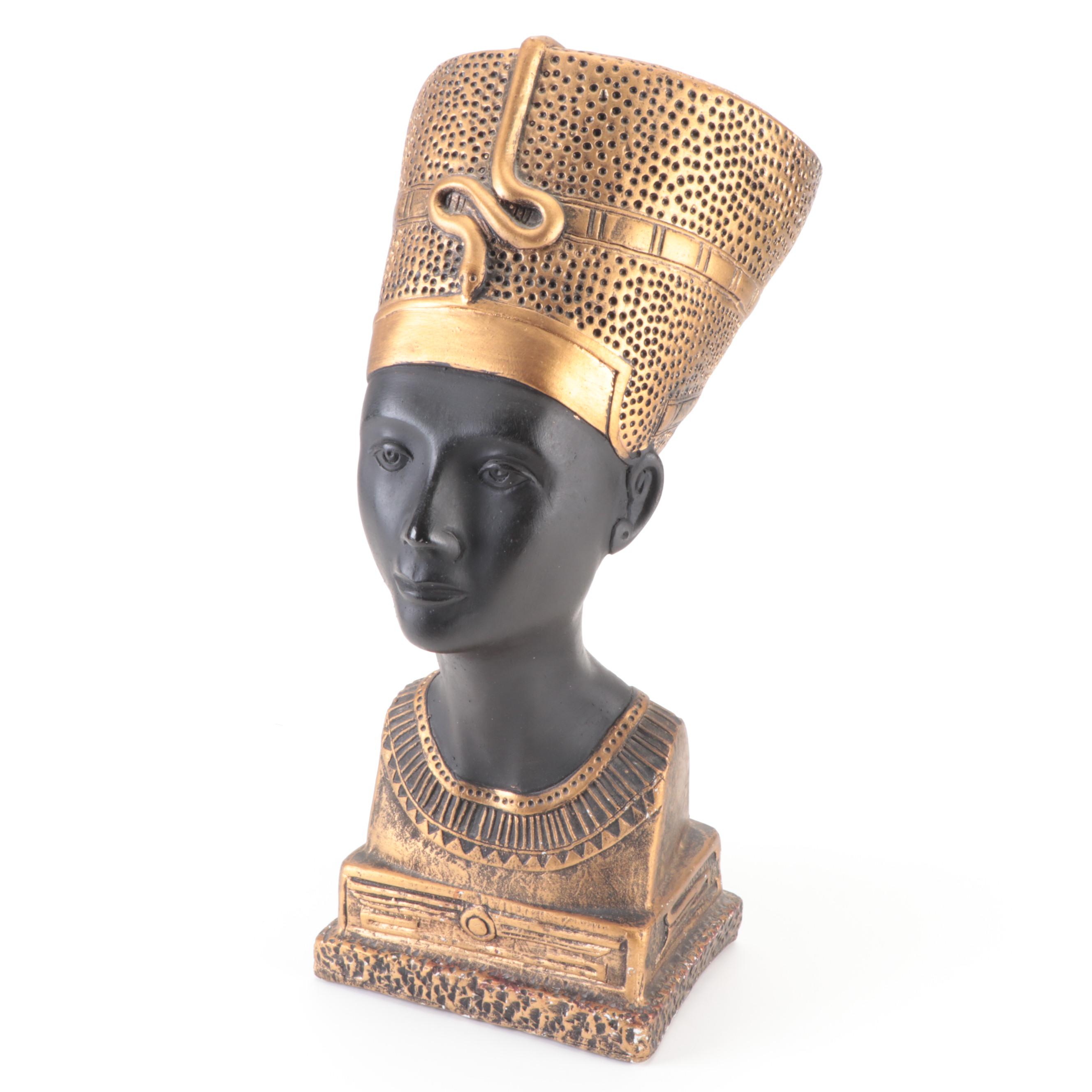 Mexican Cast Plaster Nefertiti Bust with Egyptian Black Bastet Figurine
