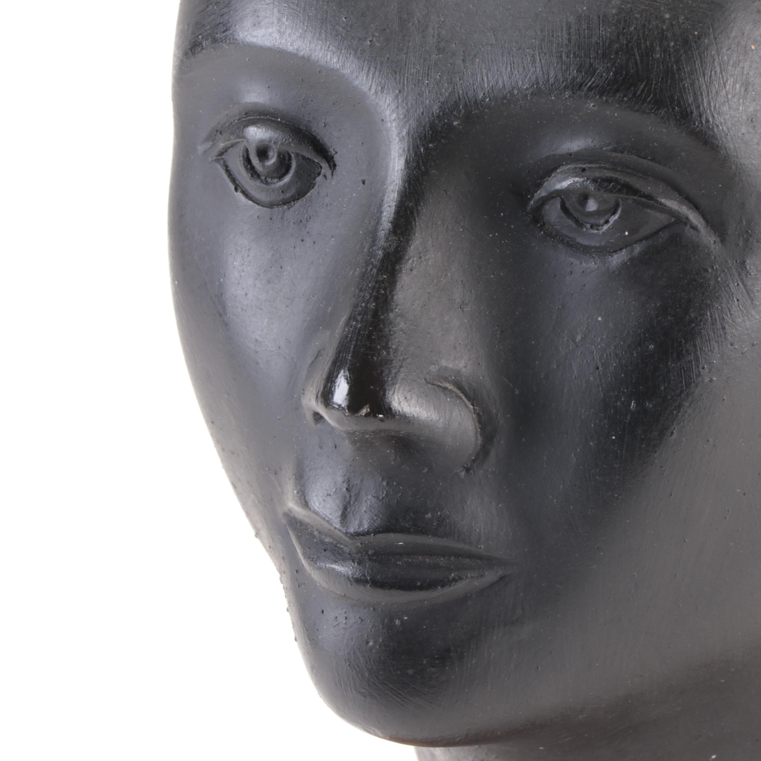 Mexican Cast Plaster Nefertiti Bust with Egyptian Black Bastet Figurine