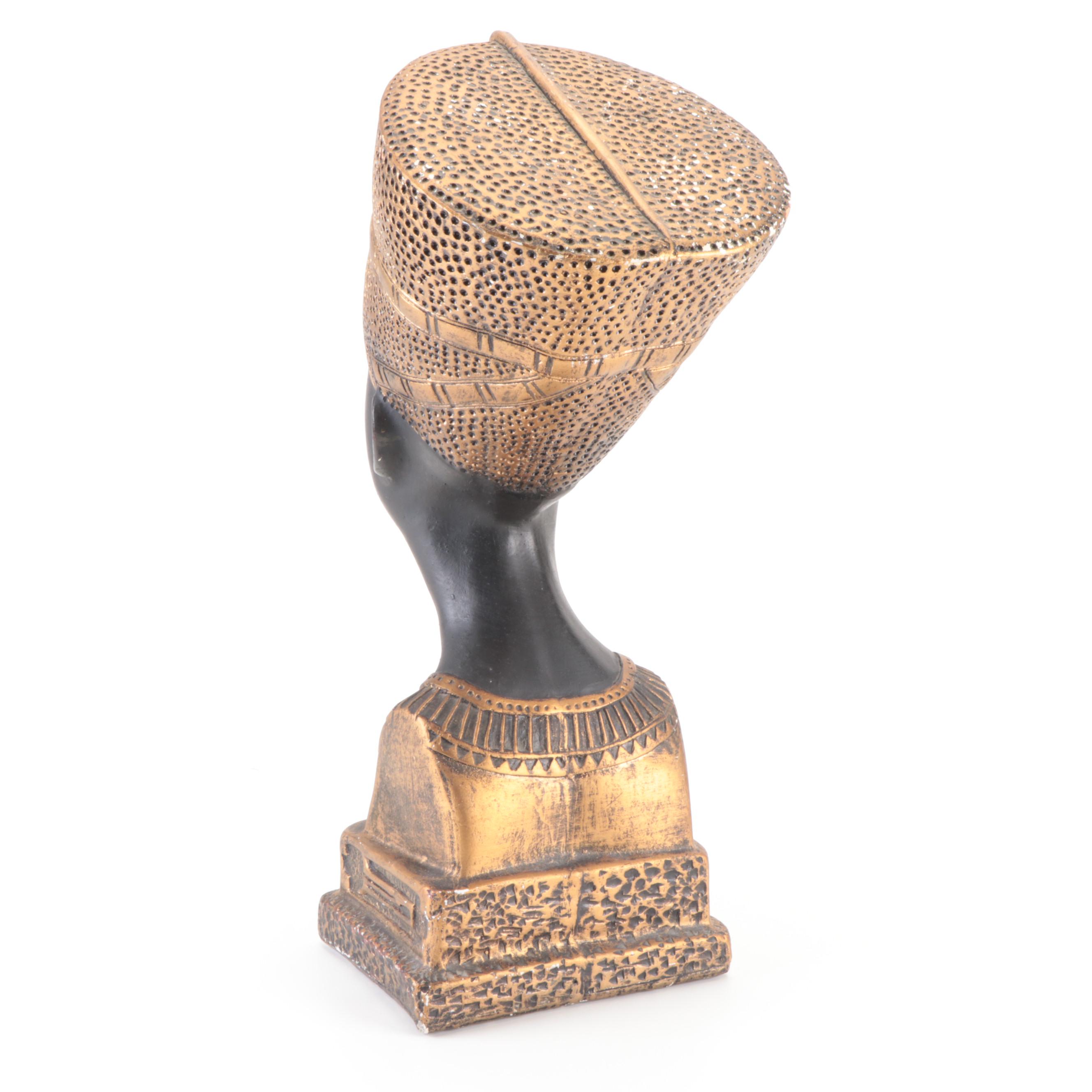 Mexican Cast Plaster Nefertiti Bust with Egyptian Black Bastet Figurine