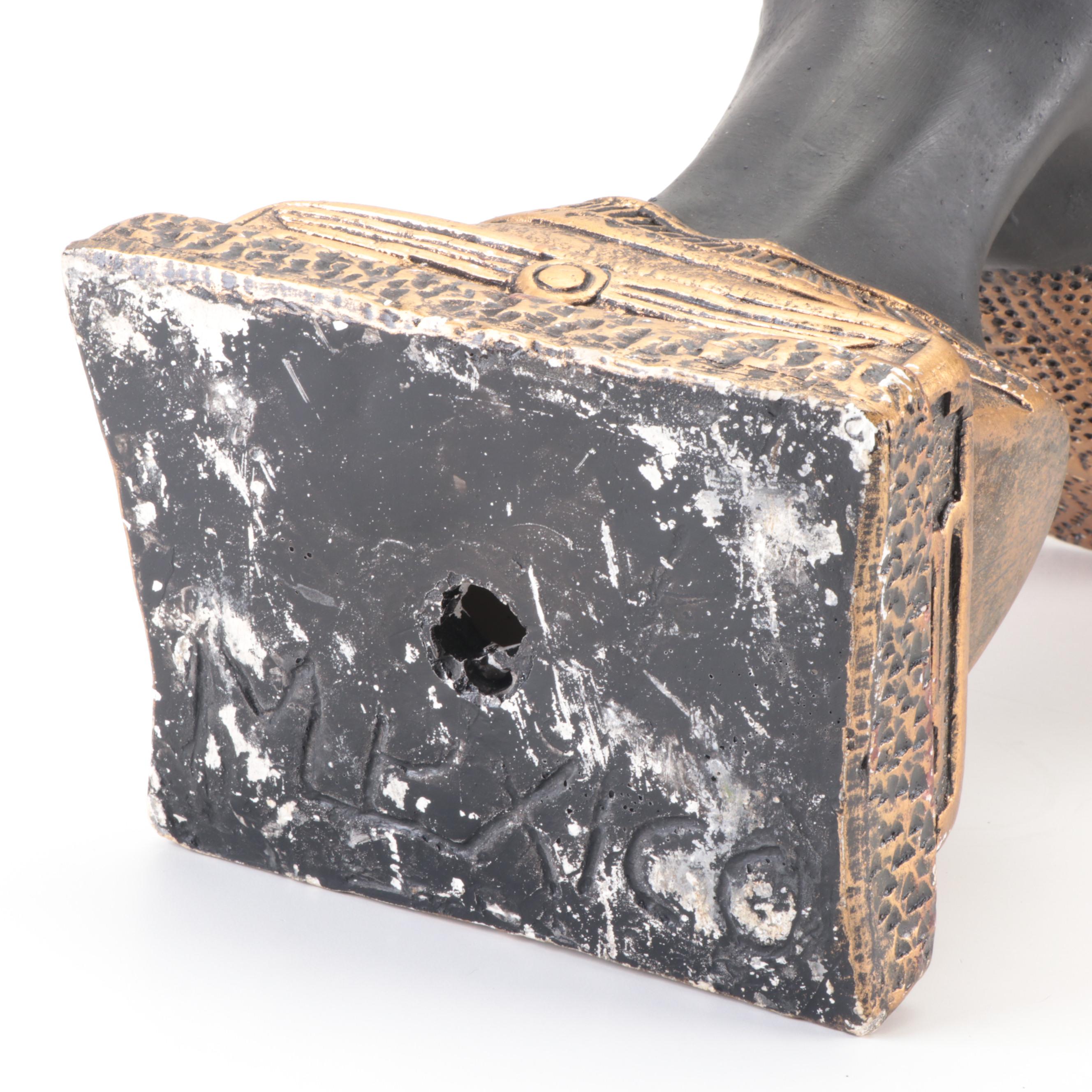 Mexican Cast Plaster Nefertiti Bust with Egyptian Black Bastet Figurine