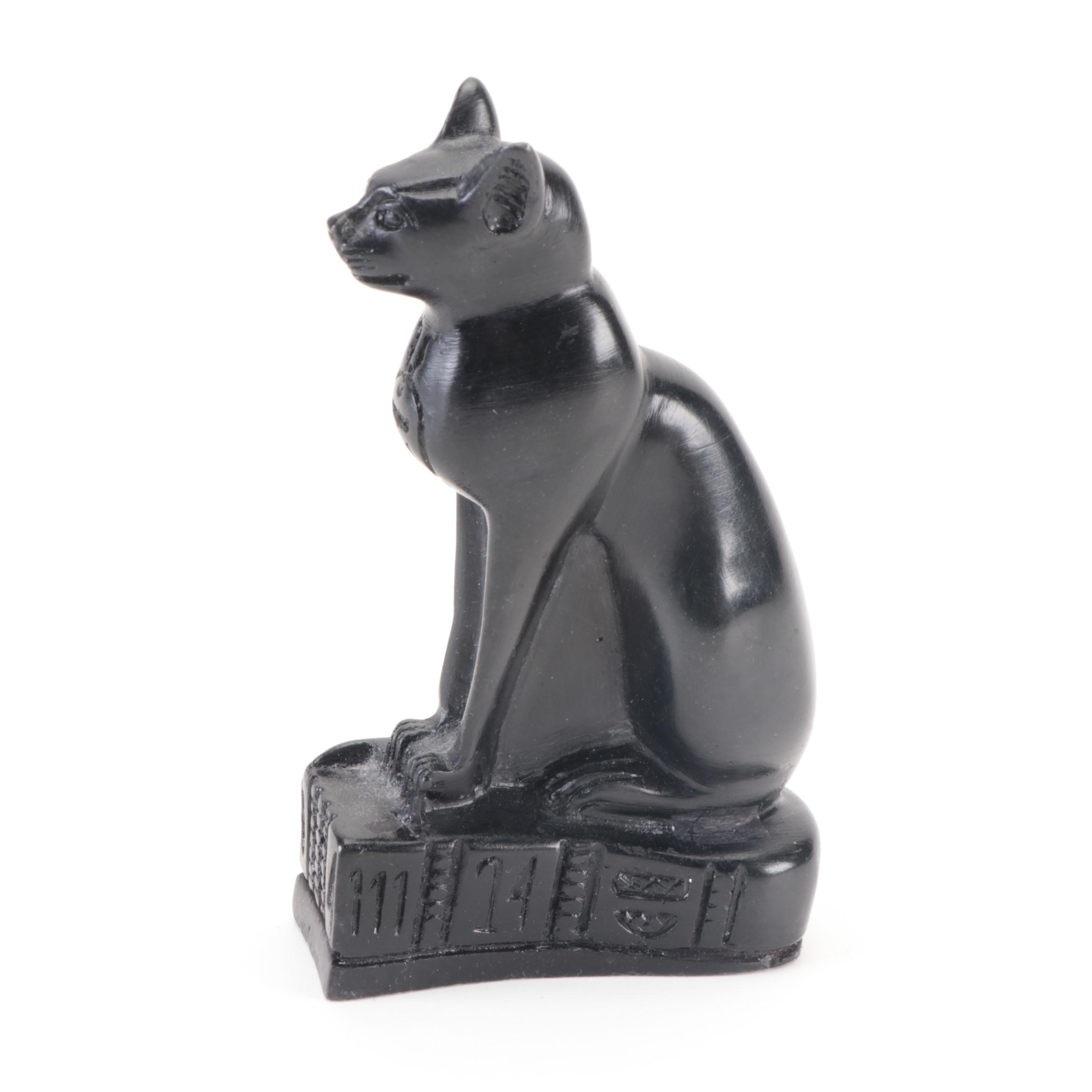 Mexican Cast Plaster Nefertiti Bust with Egyptian Black Bastet Figurine