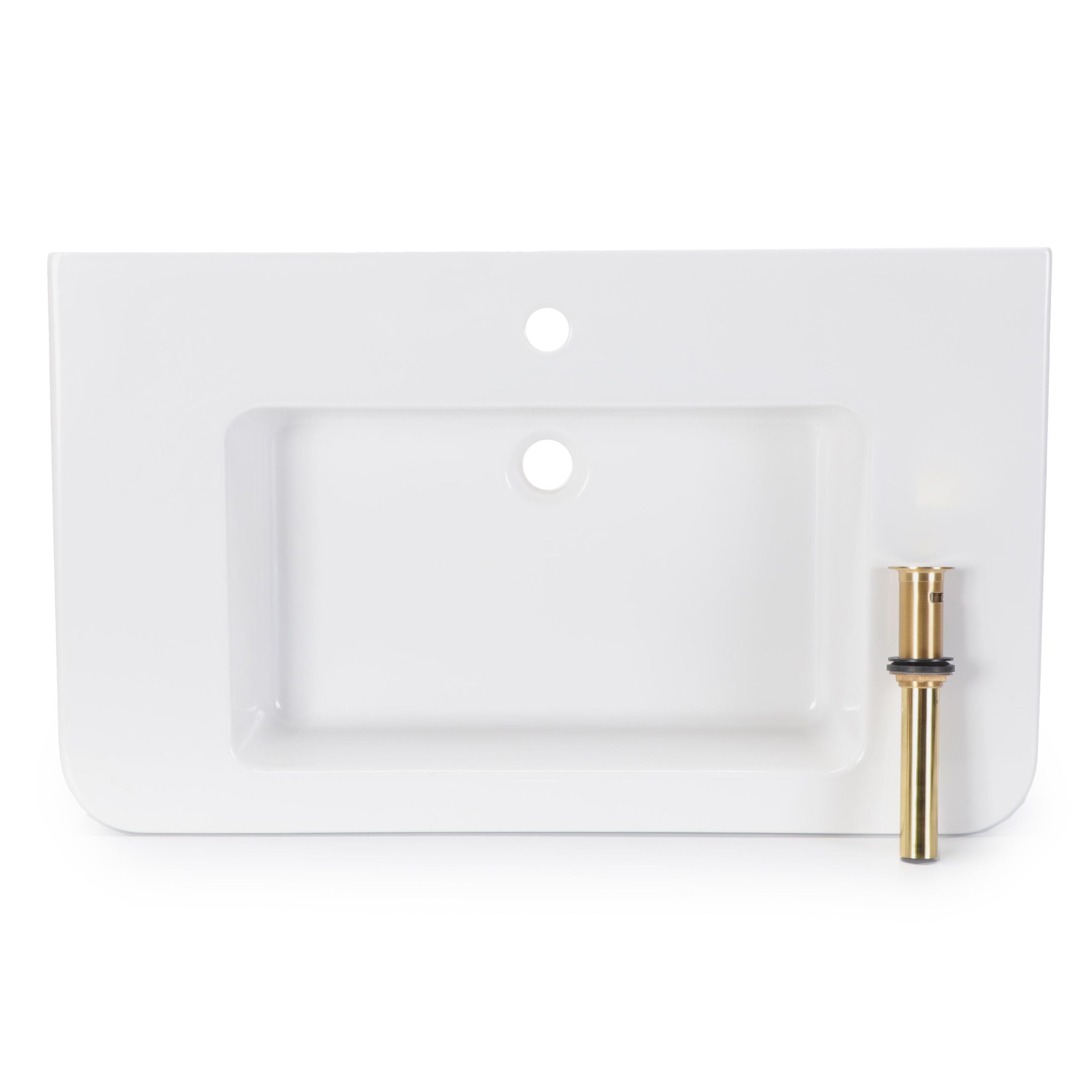 White Porcelain Bathroom Sink with Brass Pop-Up Drain