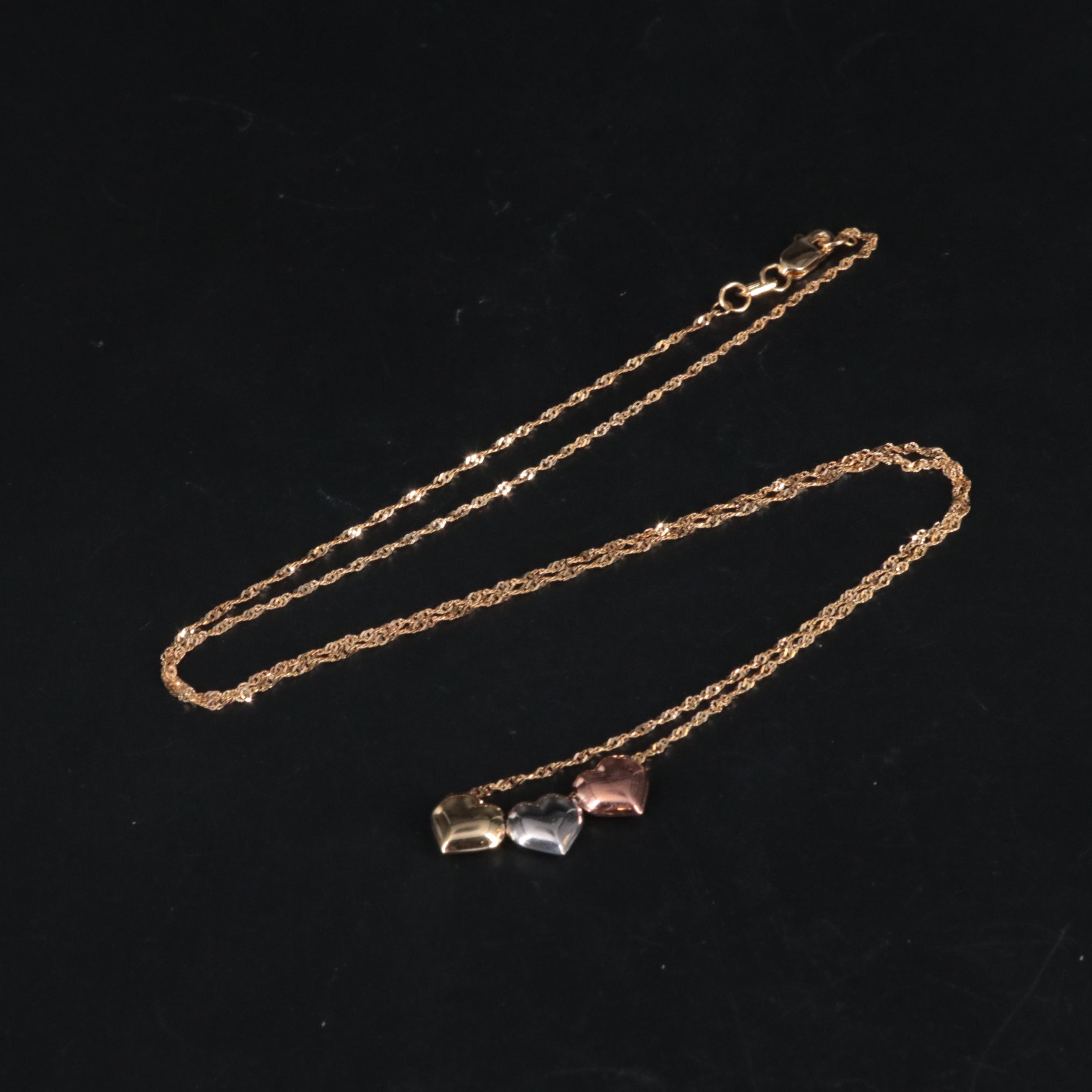 14K Gold Tricolor Heart Pendant Necklace