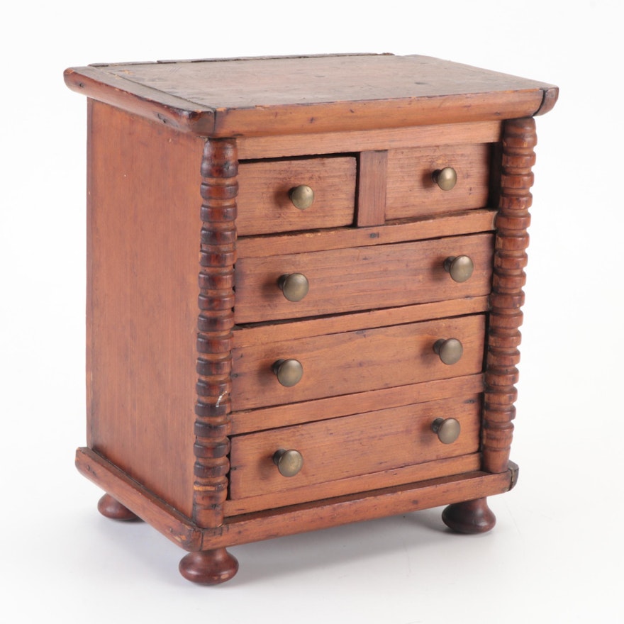 Miniature Five-Drawer Wooden Chest of Drawers with Half-Bobbin Columns, 19th C