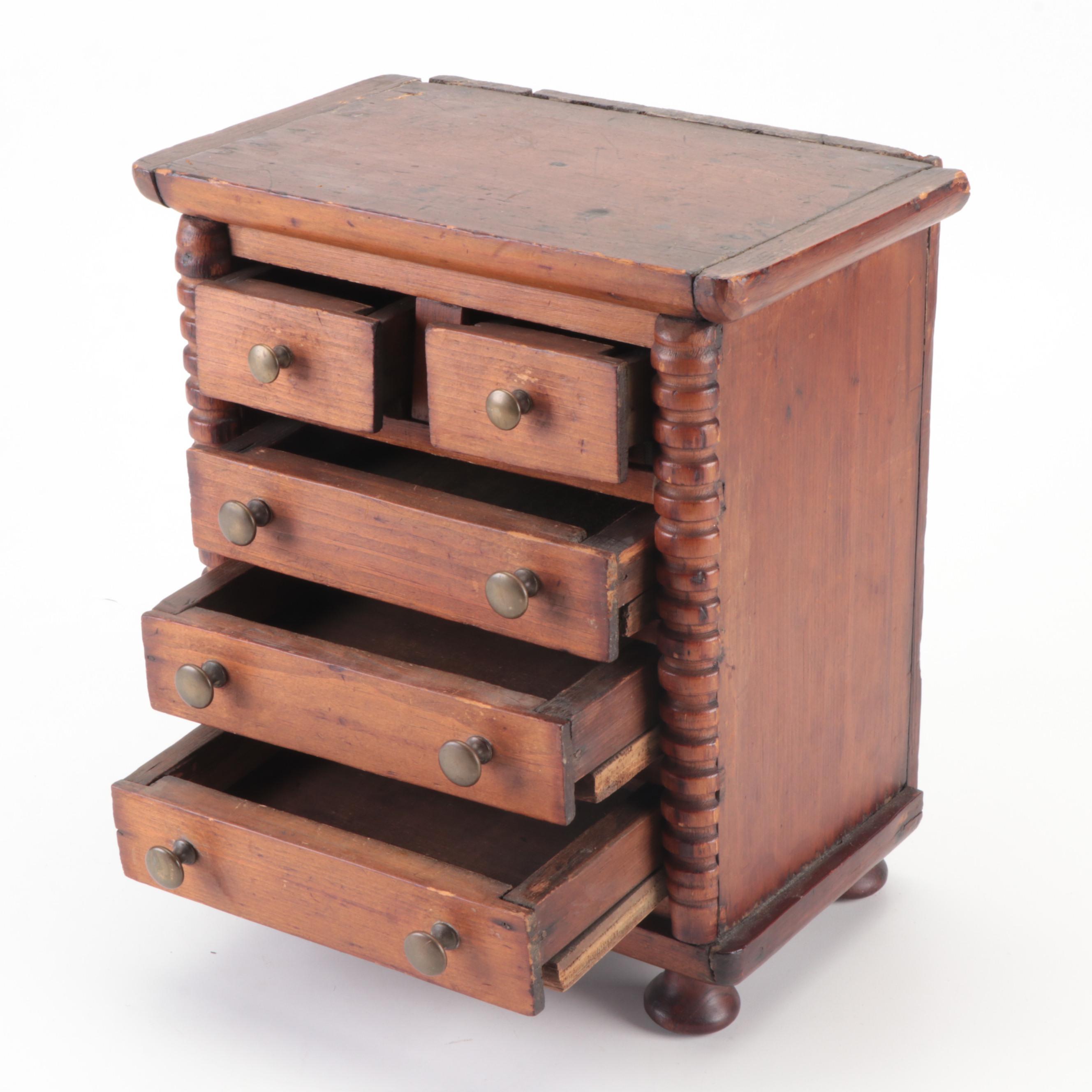Miniature Five-Drawer Wooden Chest of Drawers with Half-Bobbin Columns, 19th C