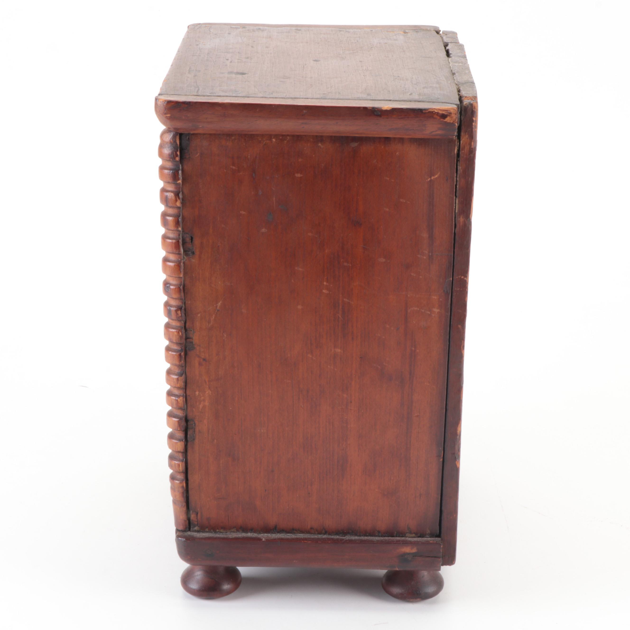 Miniature Five-Drawer Wooden Chest of Drawers with Half-Bobbin Columns, 19th C