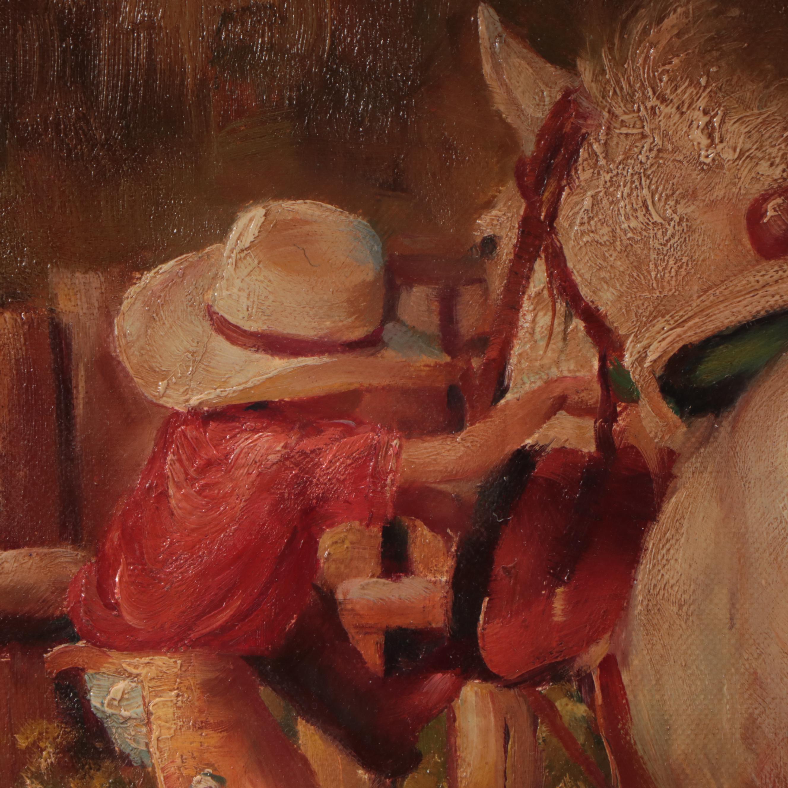 Troy Denton Oil Painting of Boy Mounting Horse