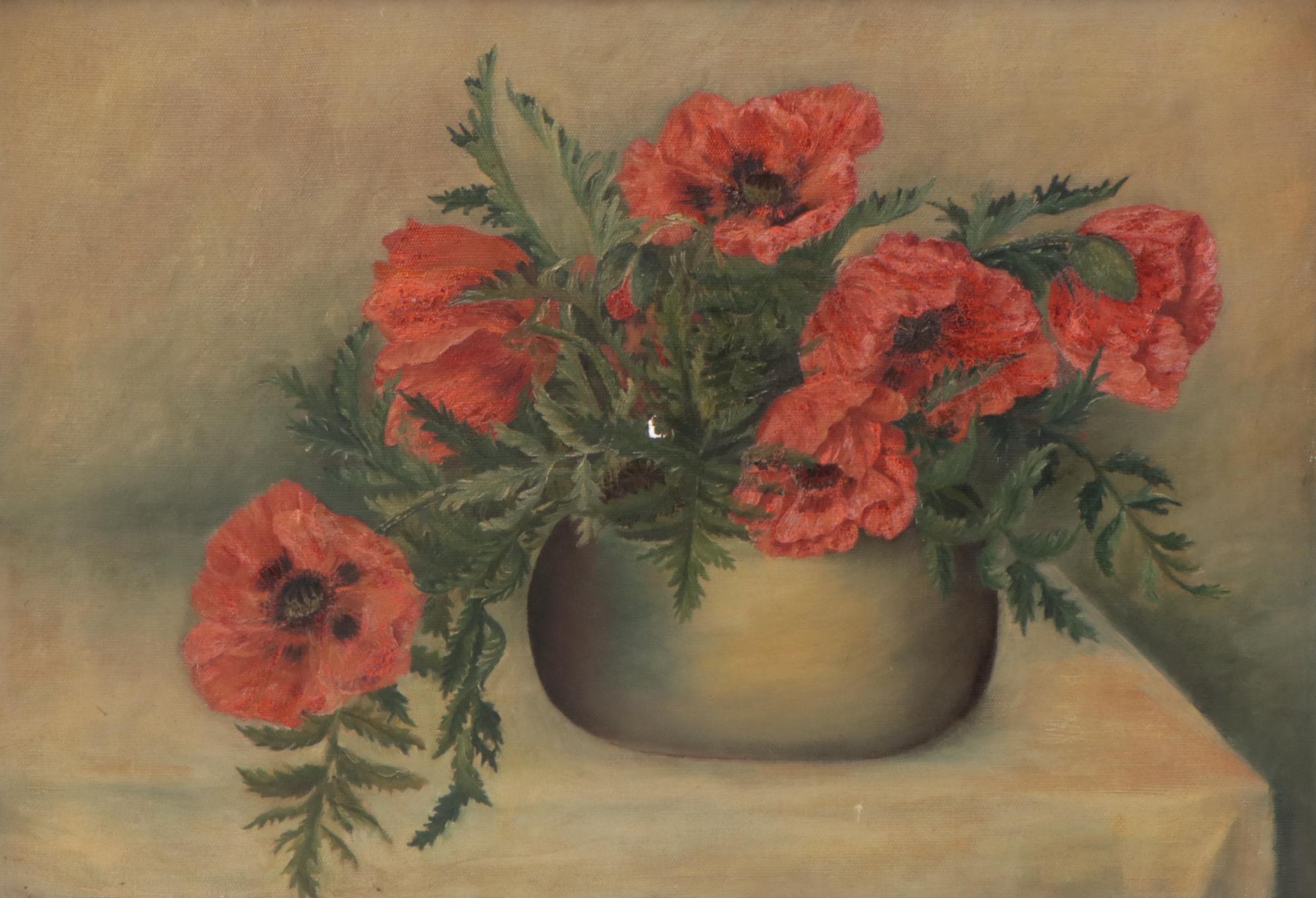 Still Life Oil Painting of Poppies, Early 20th Century