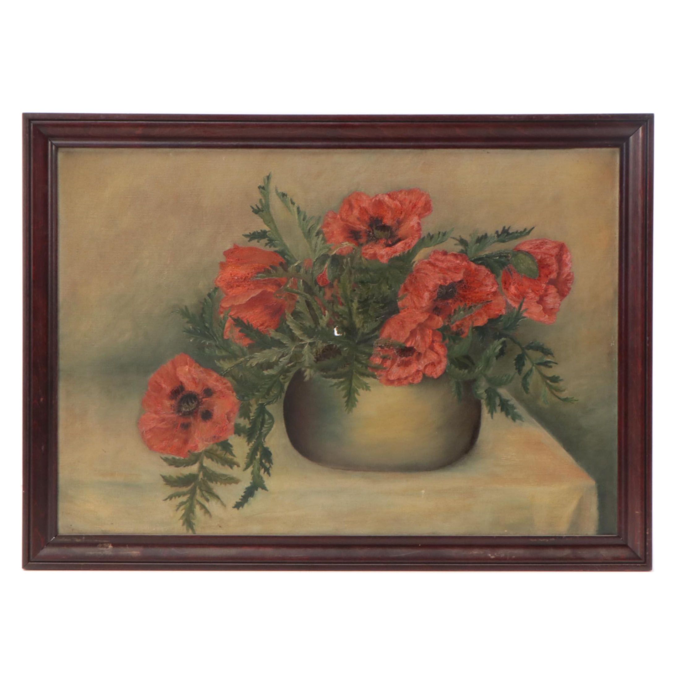 Still Life Oil Painting of Poppies, Early 20th Century
