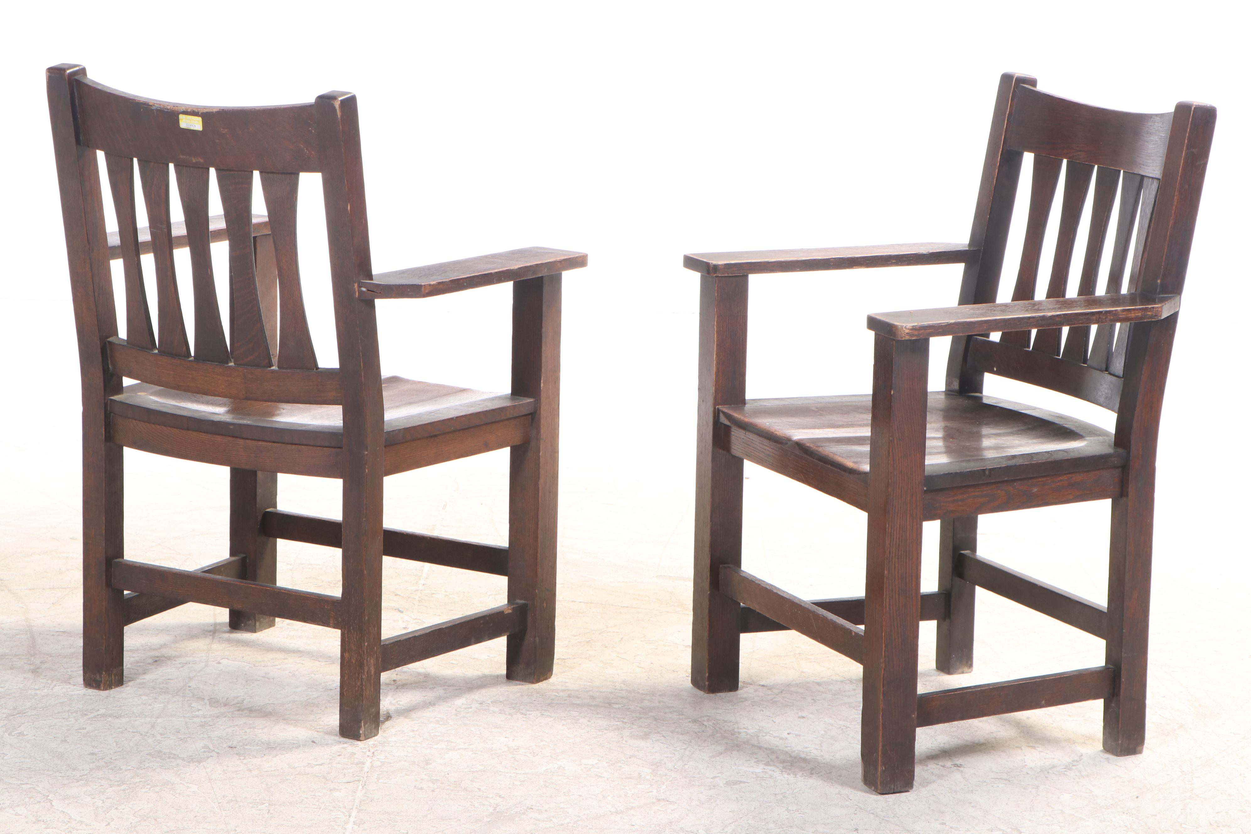 Six Paine Furniture Co. Arts and Crafts Oak Armchairs, Early 20th Century
