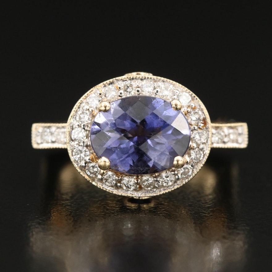 14K Iolite, Sapphire and Diamond Halo Ring