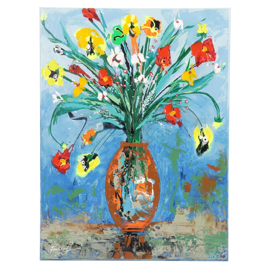 Farshad Lanjani Still Life Acrylic Painting of Flowers in Vase, 21st Century