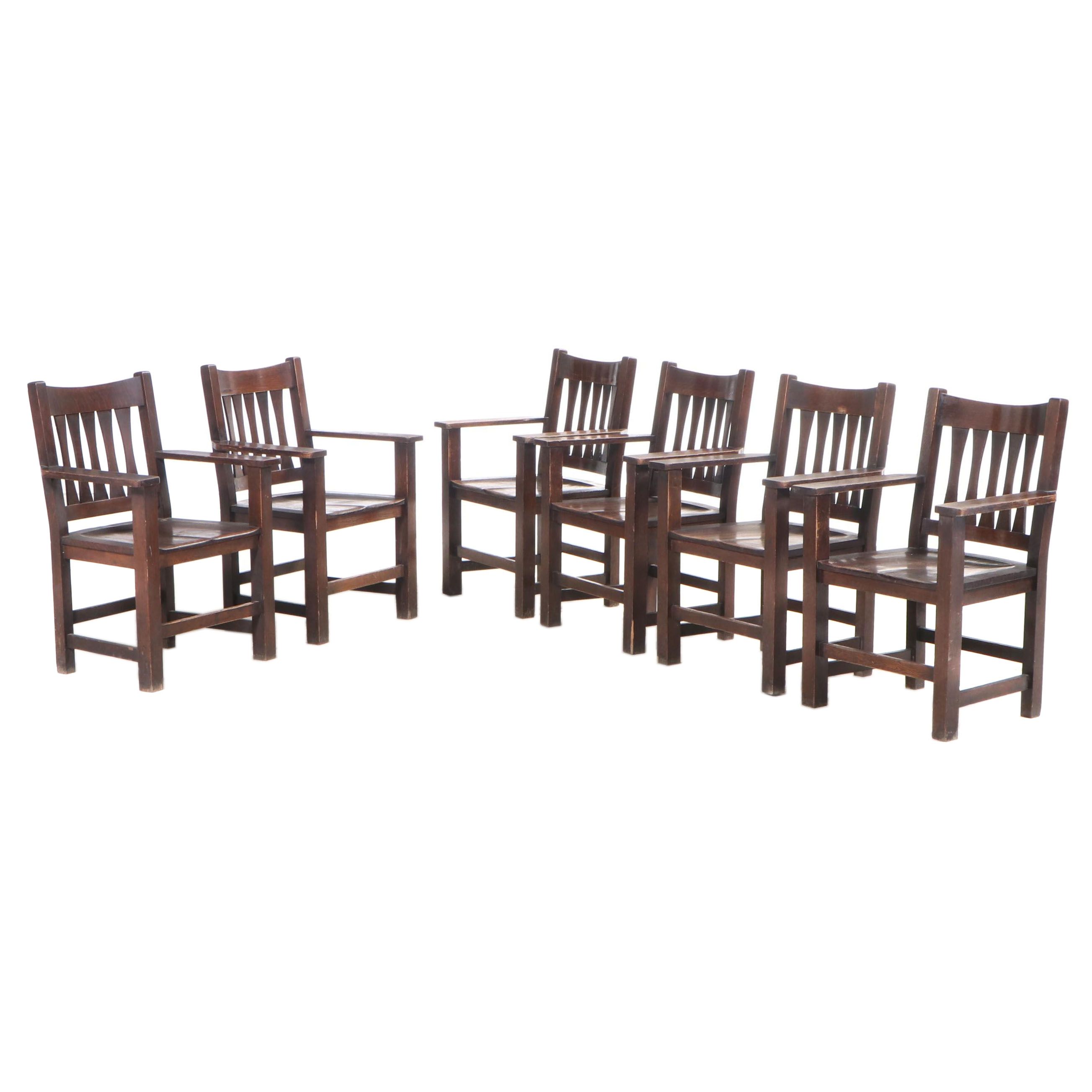 Six Paine Furniture Co. Arts and Crafts Oak Armchairs, Early 20th Century