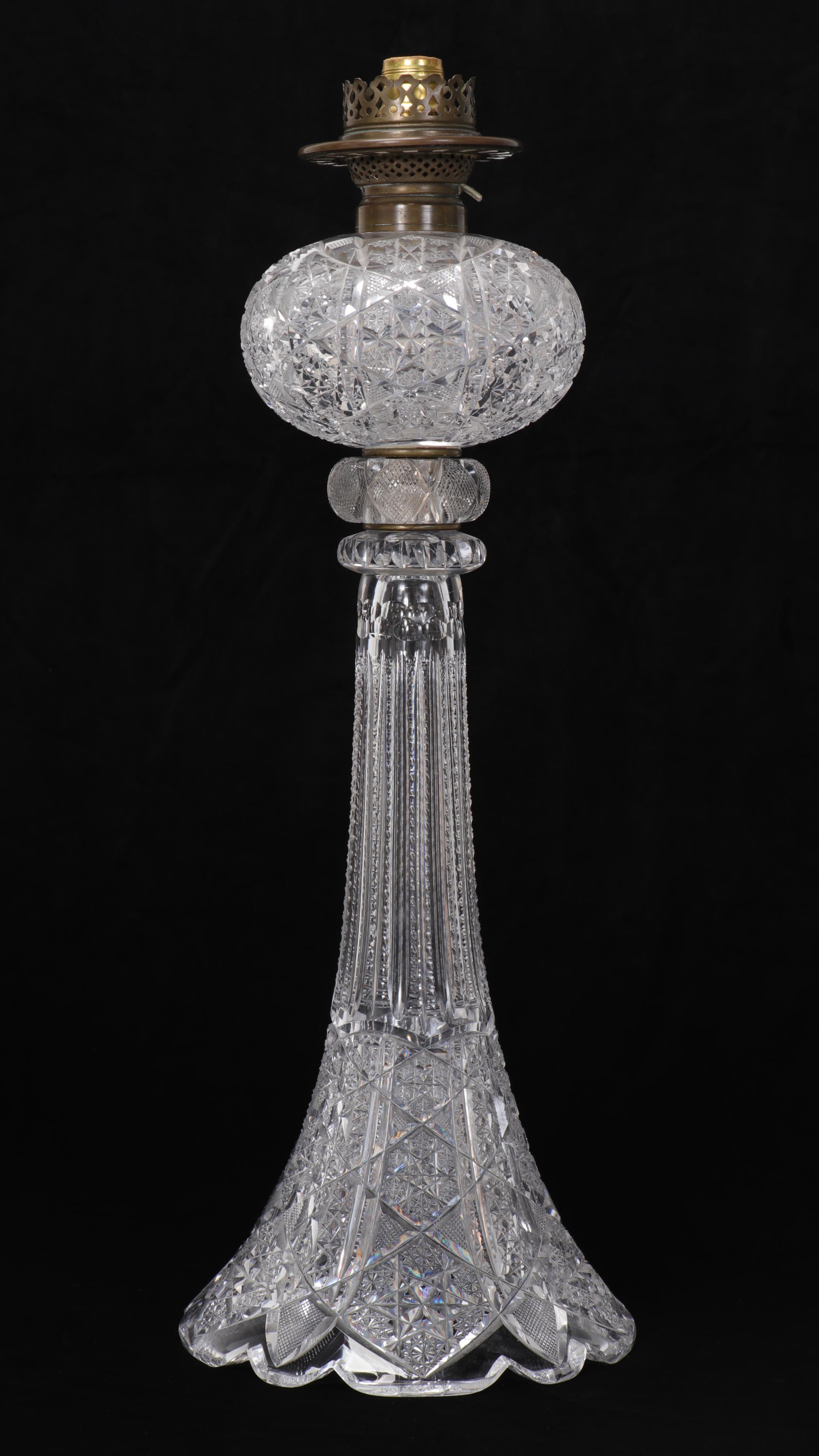 Dorflinger Attributed American Brilliant Cut Glass Oil Table Lamp, Adapted