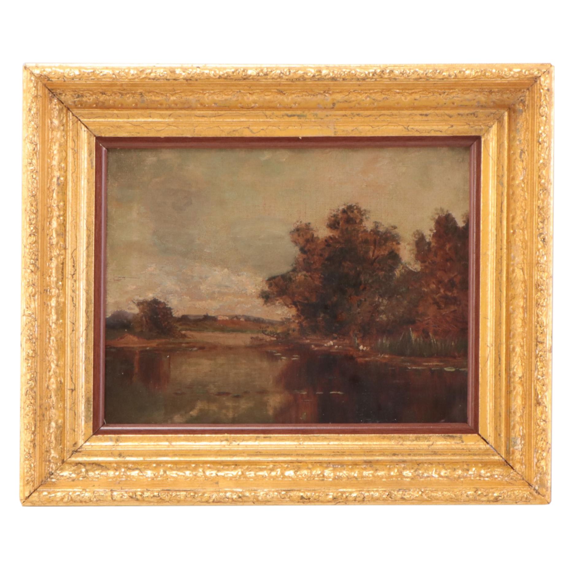 Lake Landscape Oil Painting, 19th Century