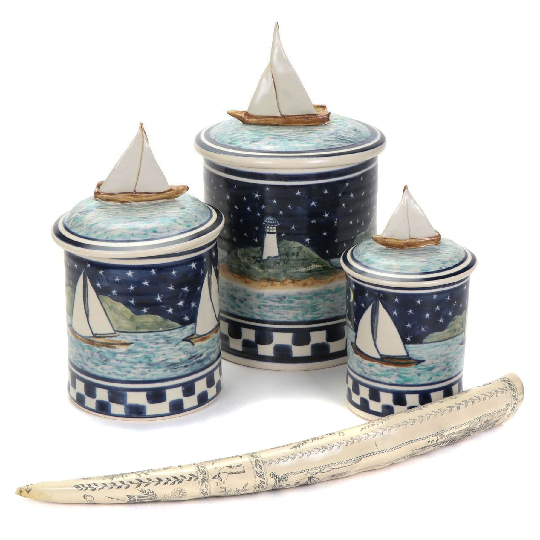 Nautical Sailboat Kitchen Canisters and Scrimshawed Resin "Tusk"