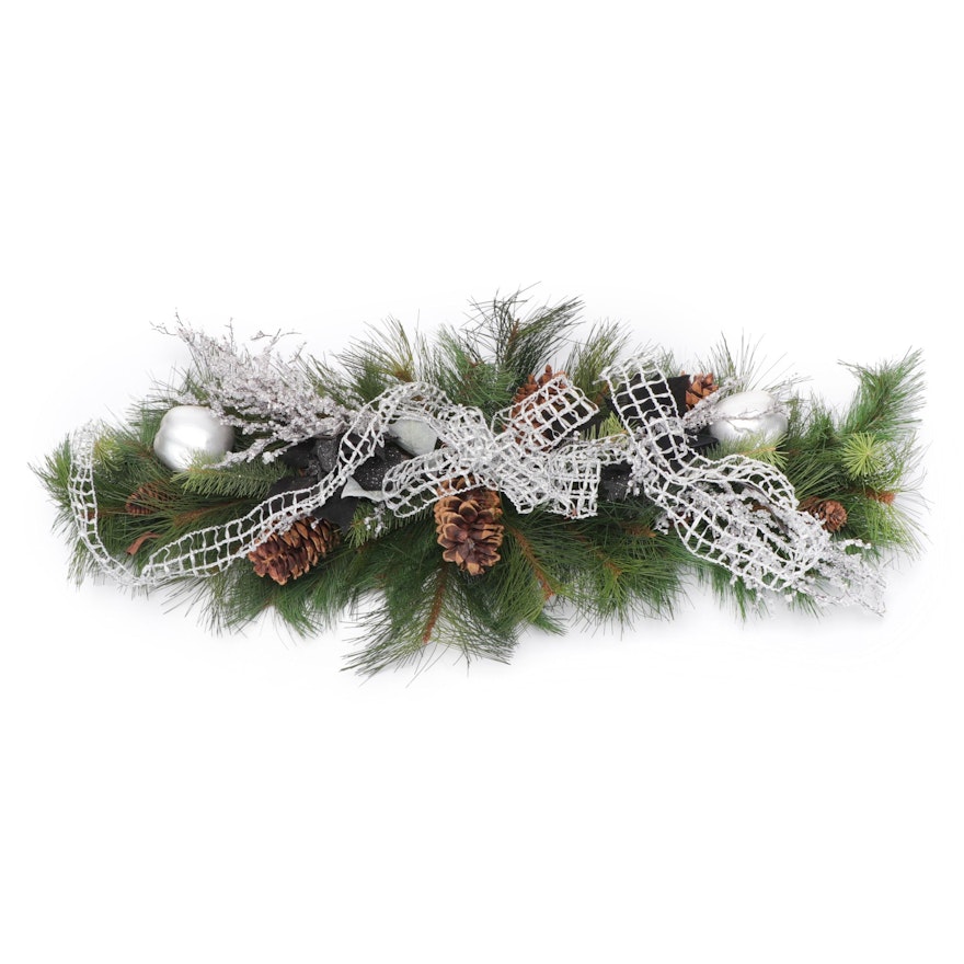 Artificial Christmas Mantel Wreath Garland with Ornaments, Pine Cones and Bow