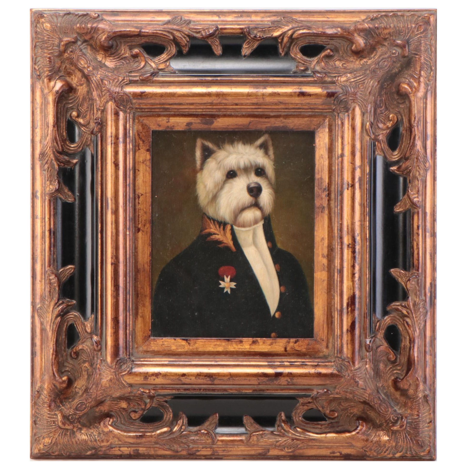 Anthropomorphic Dog Oil Painting After Thierry Poncelet "The Officer's Mess"