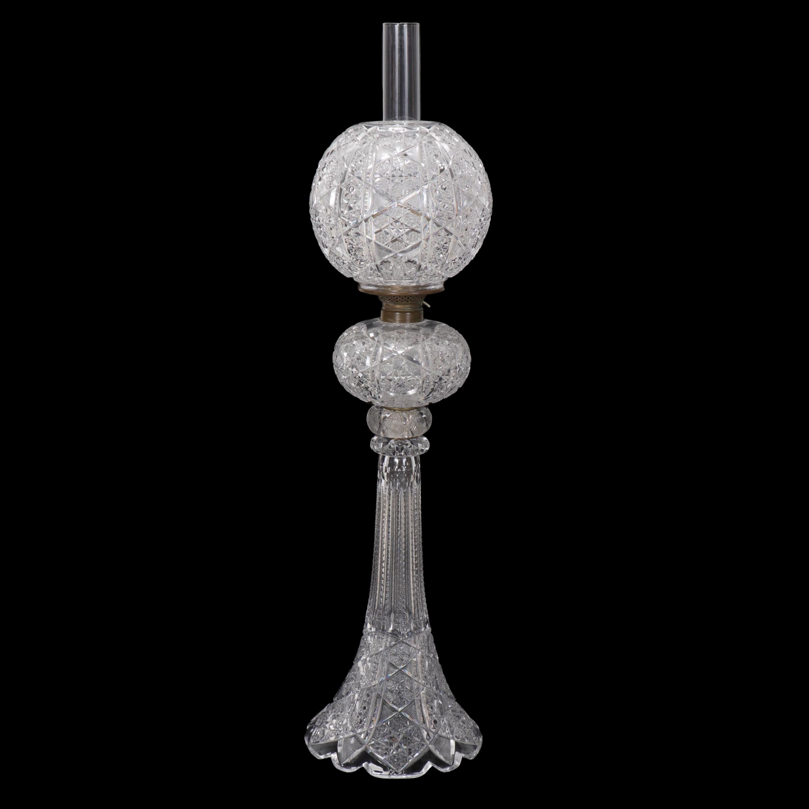Dorflinger Attributed American Brilliant Cut Glass Oil Table Lamp, Adapted