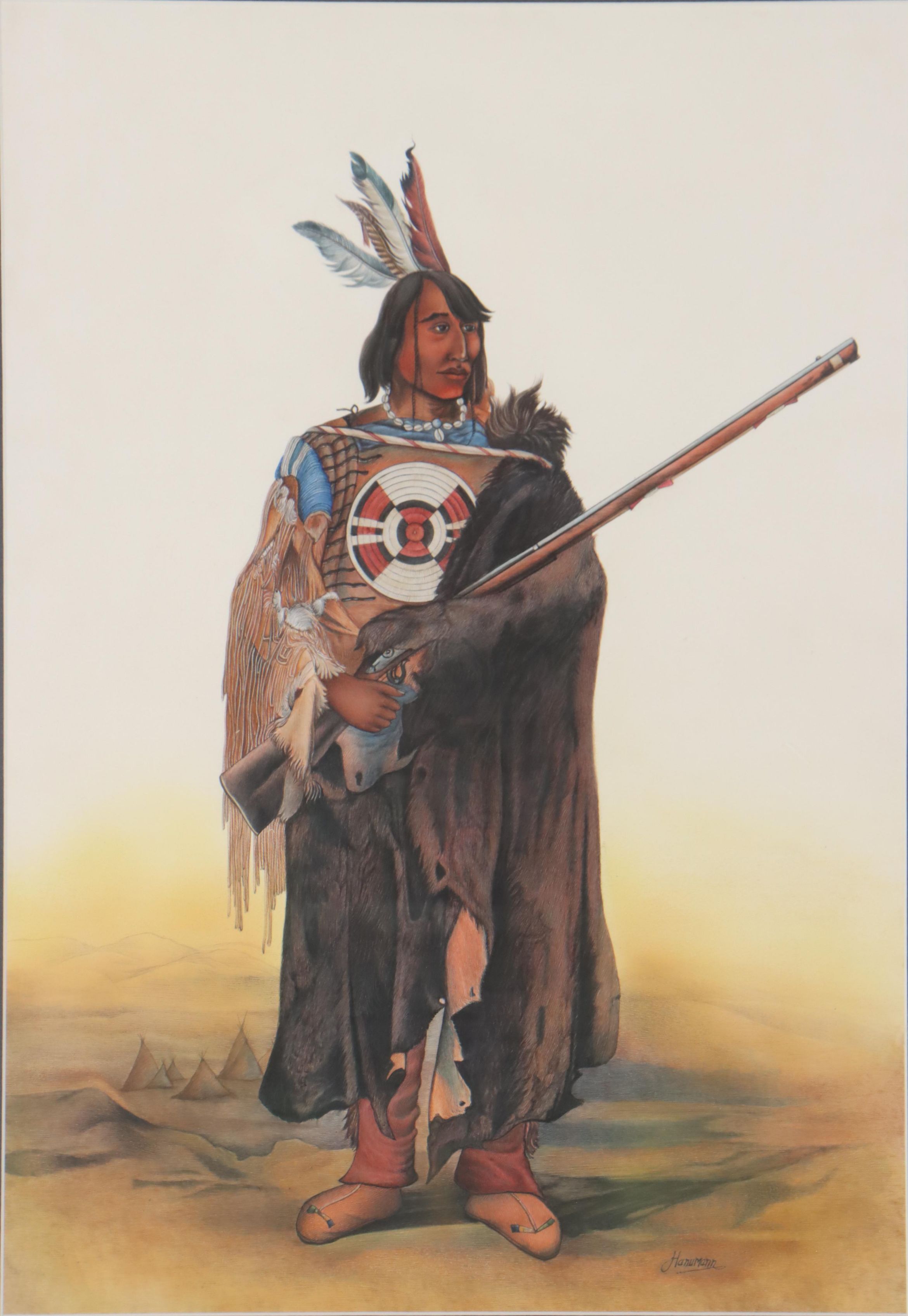 Watercolor and Ink Painting of Native American