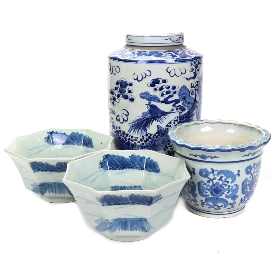 Blue and White Porcelain Planters with Large Earthenware Lidded Vessel