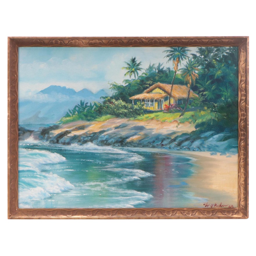Okuda Hawaiian Coastal Landscape Oil Painting, 1969