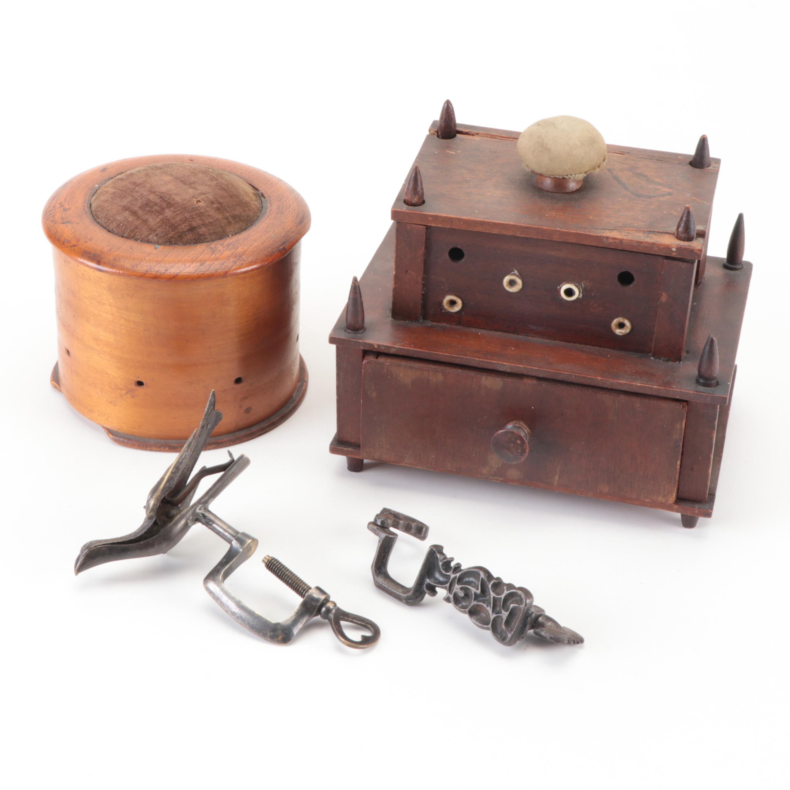 Shaker Sewing Box with Pincushion, String Box, Sewing Bird, and More
