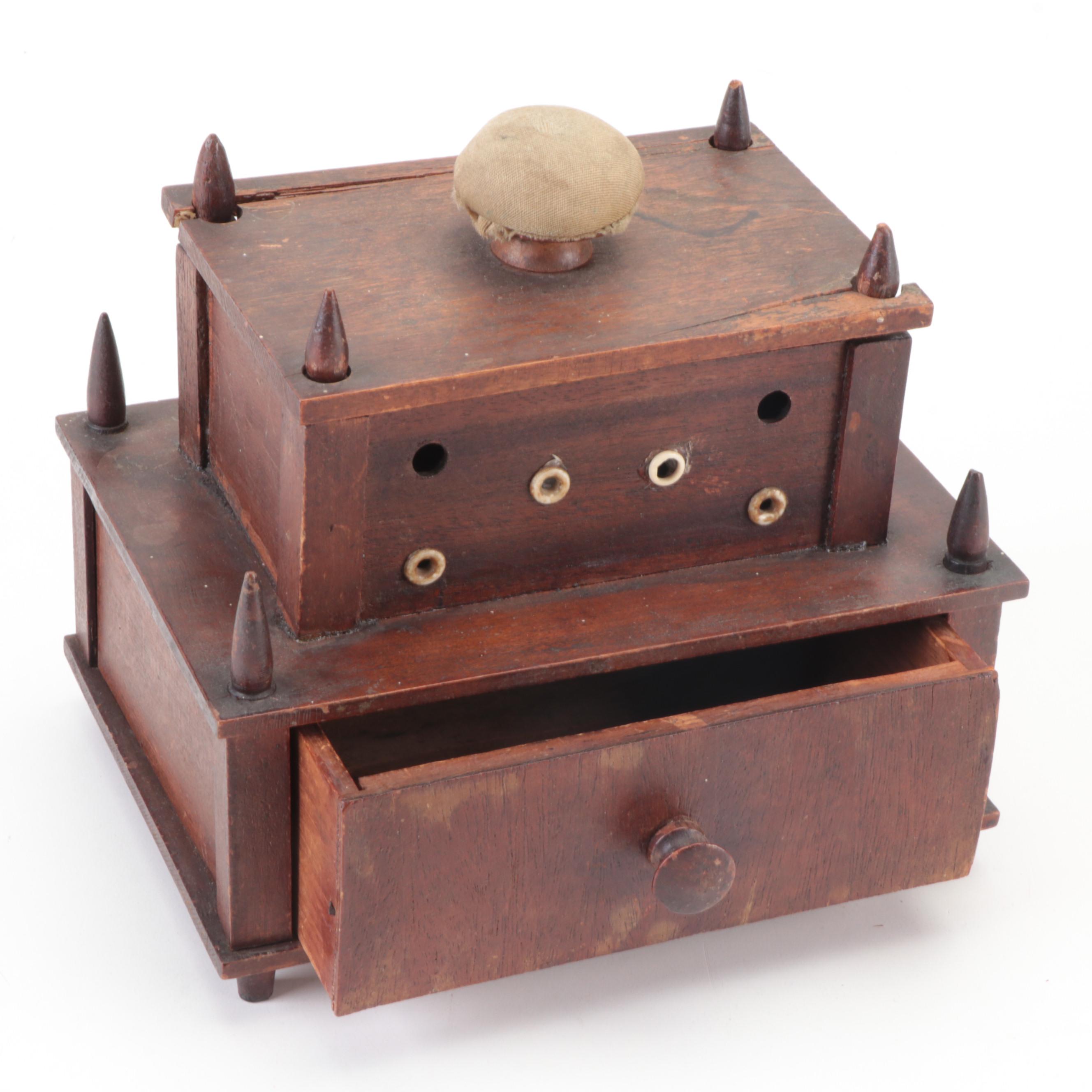 Shaker Sewing Box with Pincushion, String Box, Sewing Bird, and More