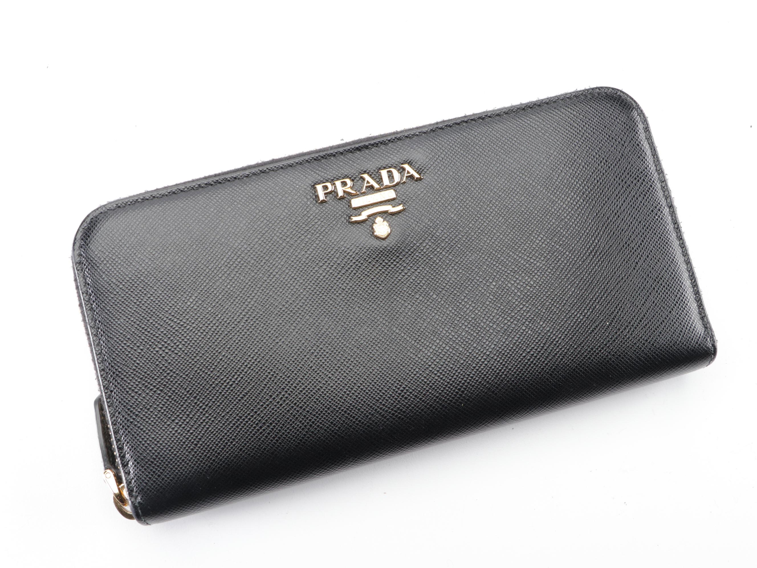 Prada Zip-Around Wallet in Black Saffiano Leather with Box