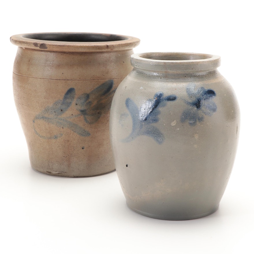 American Hand-Painted Salt Glazed Stoneware Crocks, 19th Century