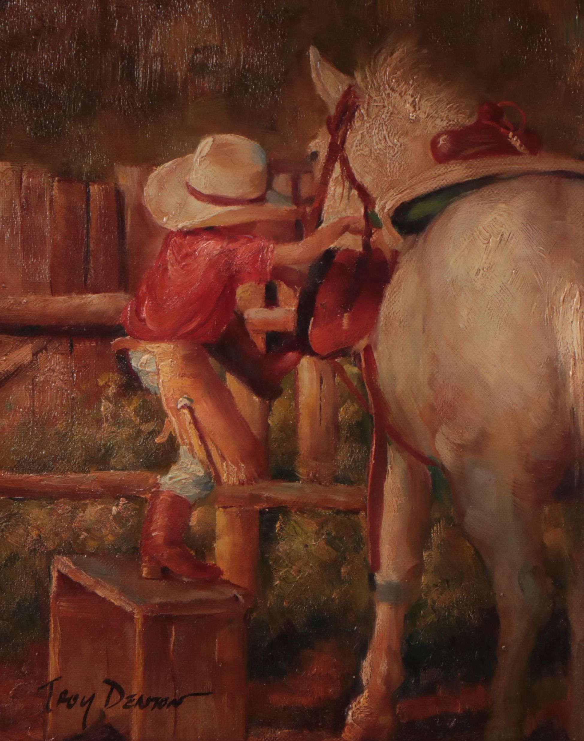 Troy Denton Oil Painting of Boy Mounting Horse