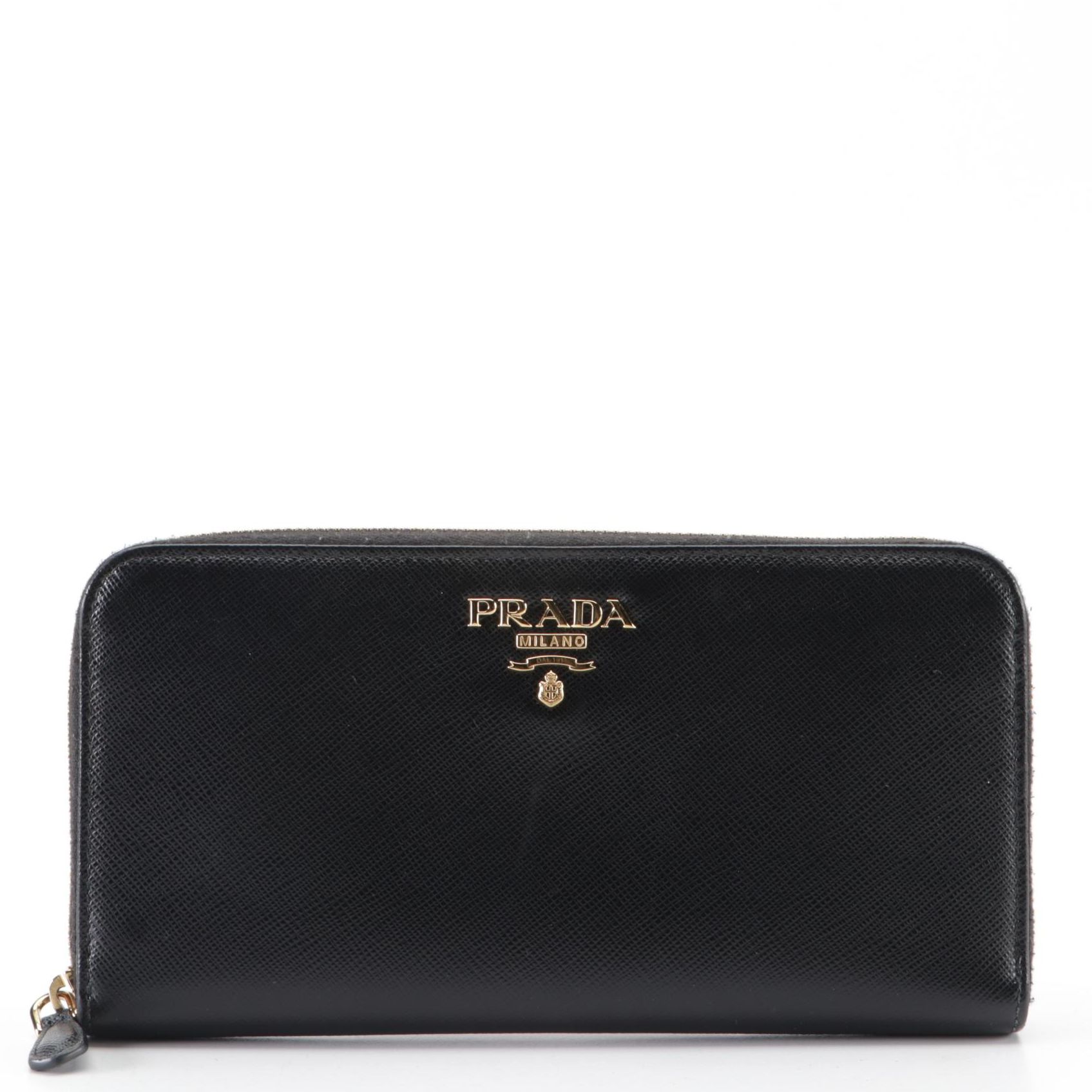 Prada Zip-Around Wallet in Black Saffiano Leather with Box