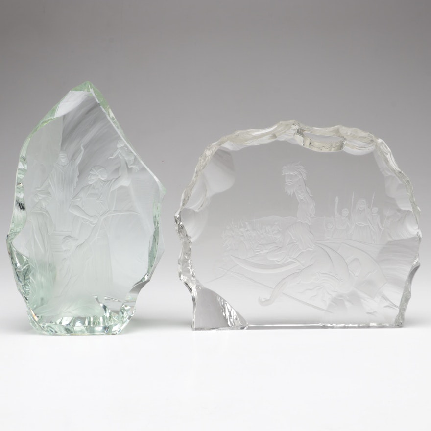 Ladislav Ježek Biblical Engraved Czech Crystal Blocks, Late 20th Century