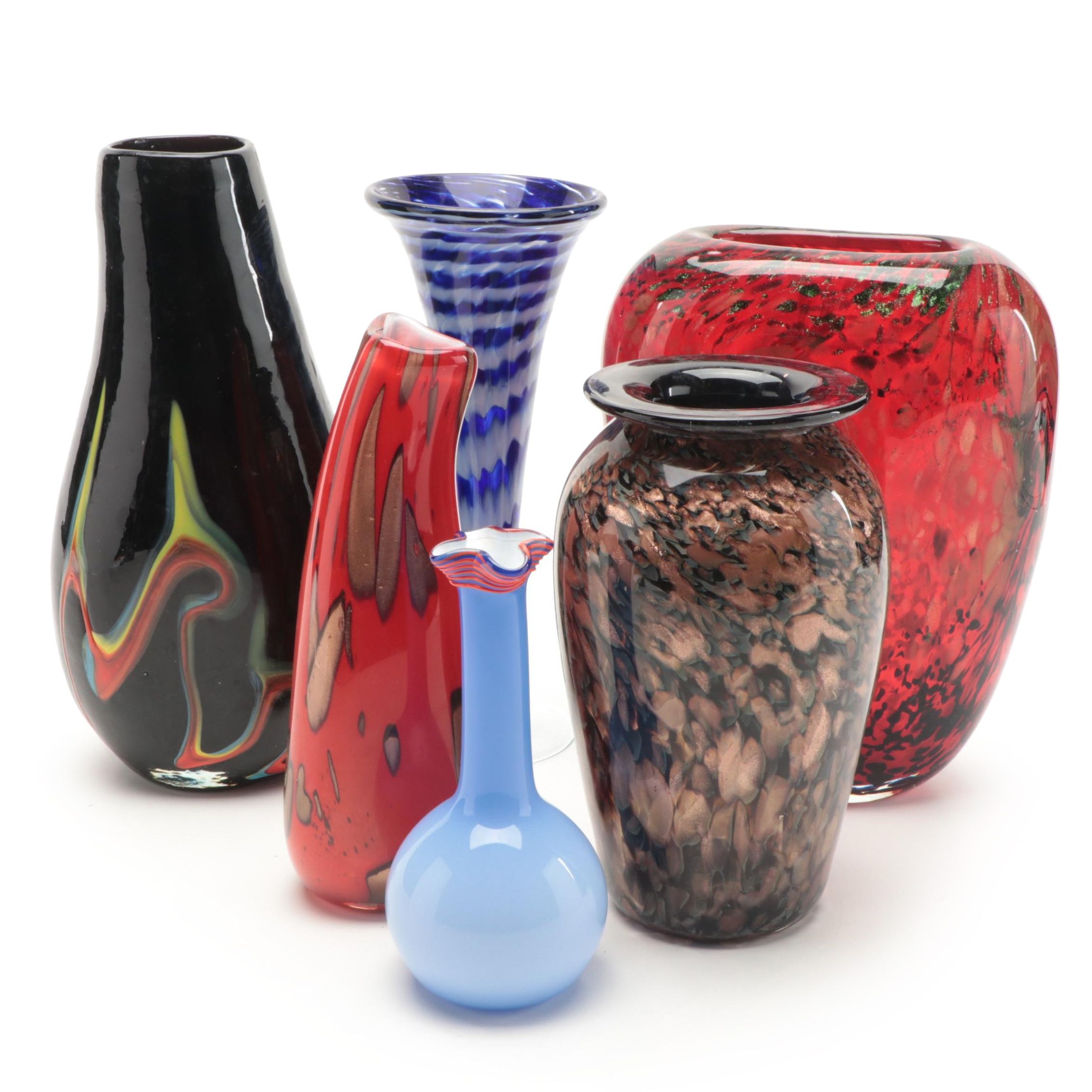 Aventurine Blown Glass with Signed Studio Blown Art Glass Vases