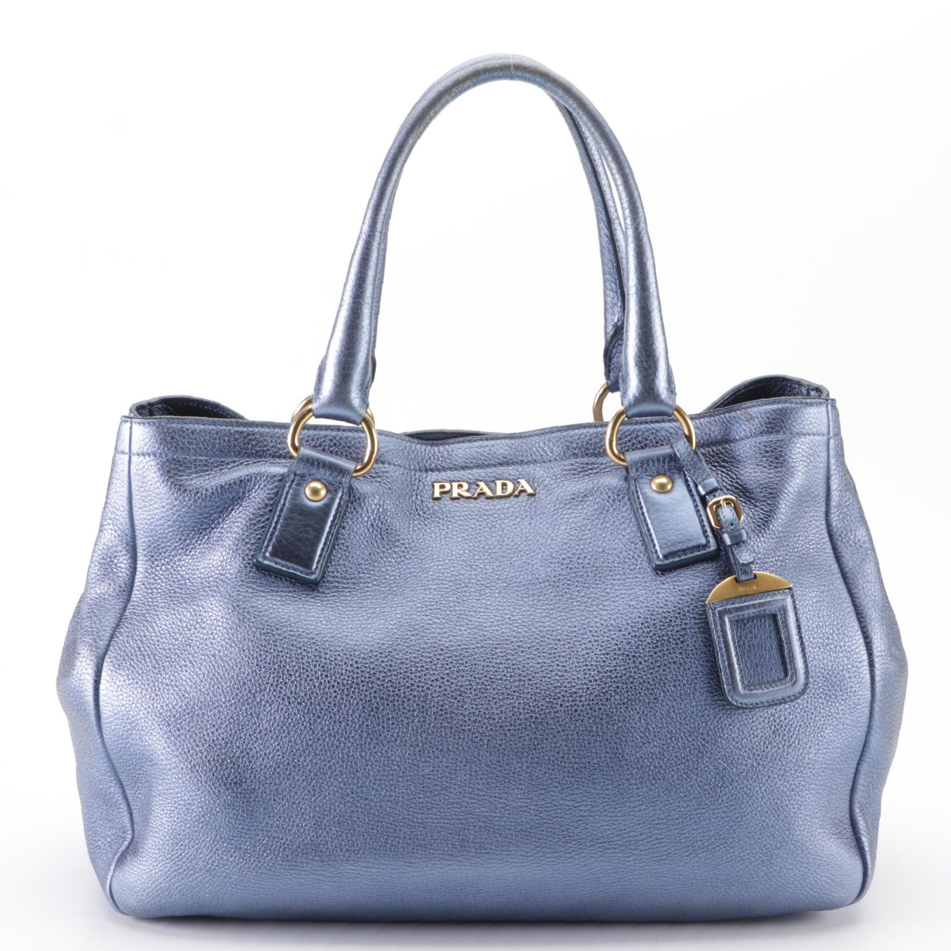 Prada Shopping Tote in Denim Mordore Vitello Daino Leather