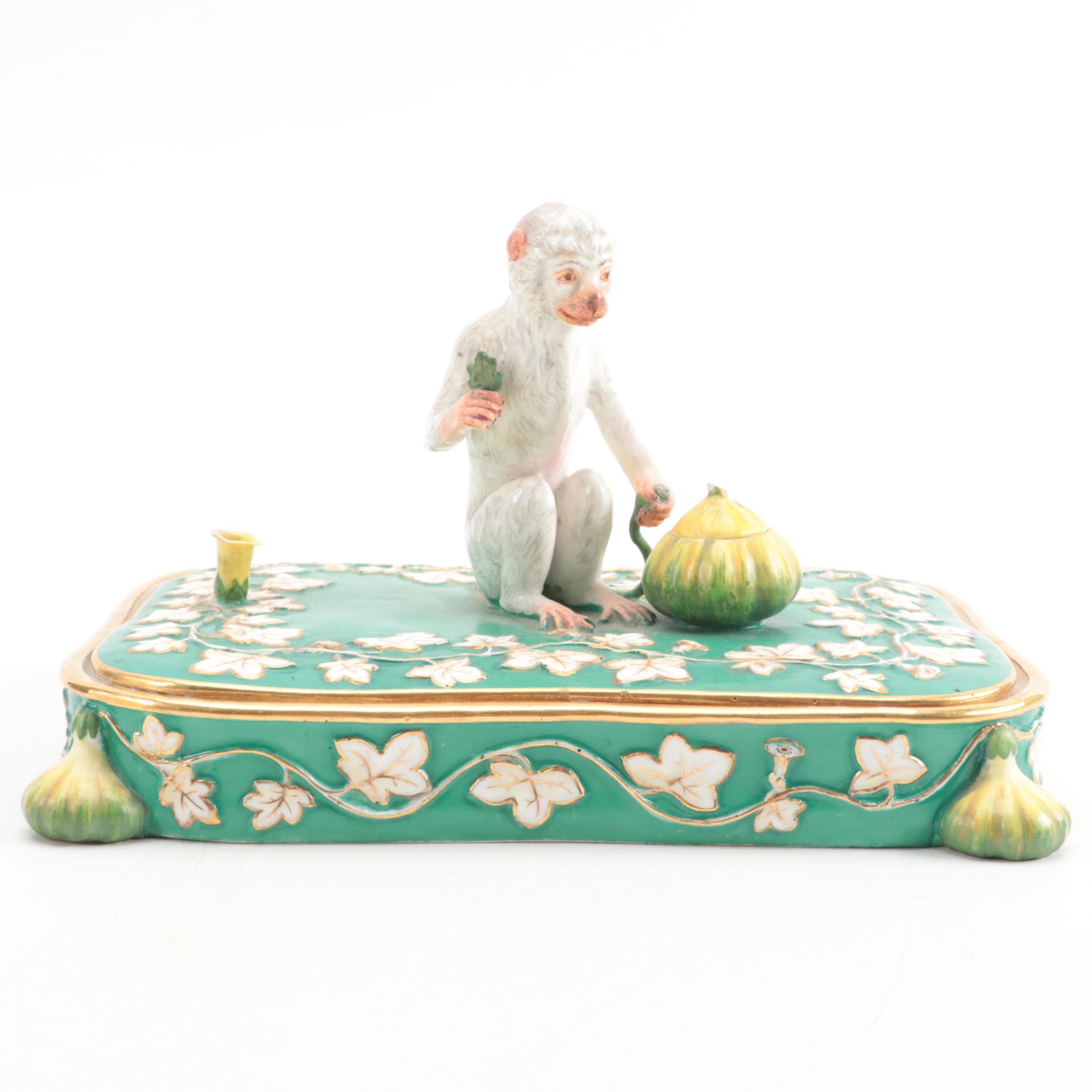Royal Worcester Bone China Yellow Canary Figures with Monkey Motif Porcelain Box