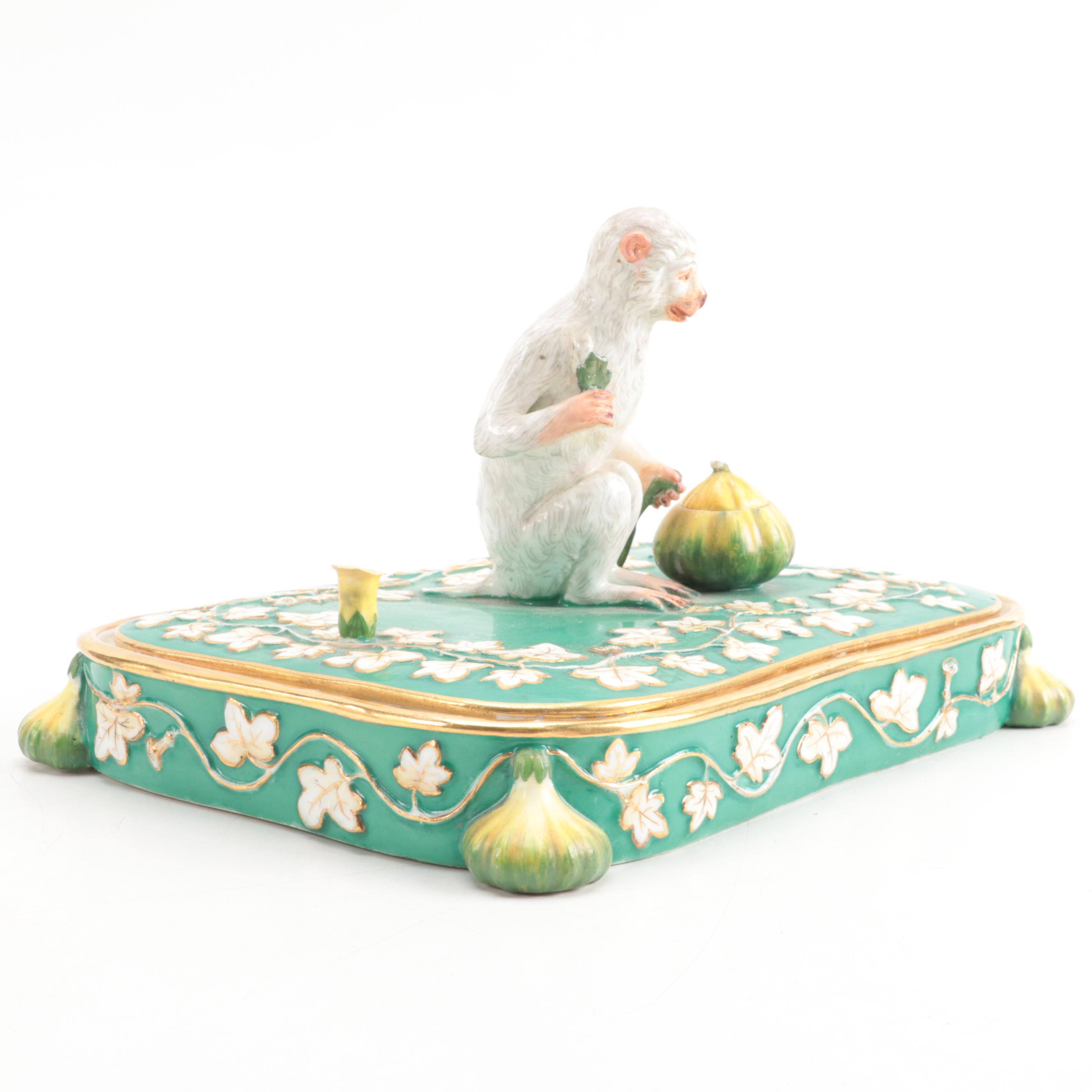 Royal Worcester Bone China Yellow Canary Figures with Monkey Motif Porcelain Box